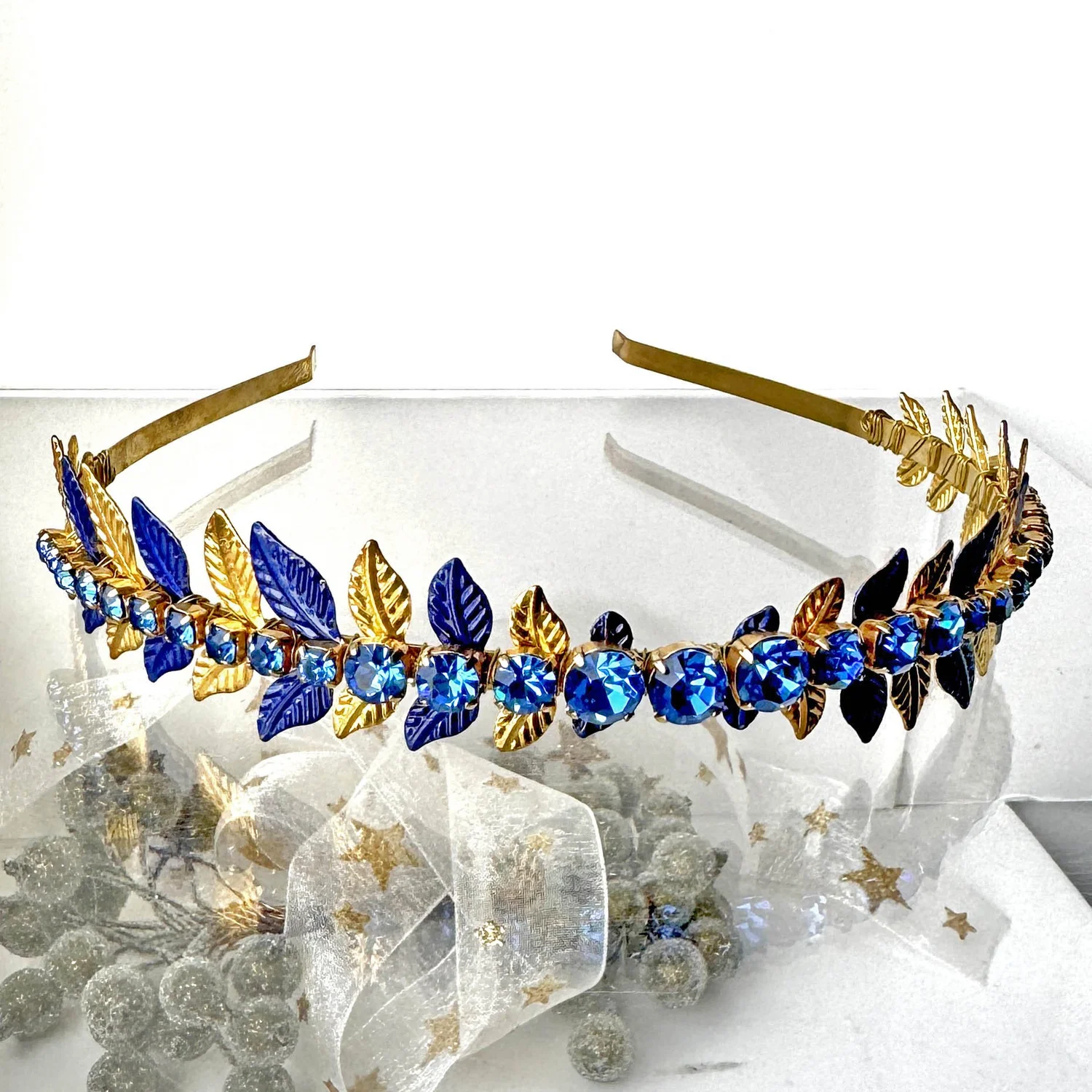 Vintage Gold Tiara Headband with Blue Gemstones FAST SHIPPING! Gold and Turquoise Tiara, Gorgeous Gold Tiara  main image 2