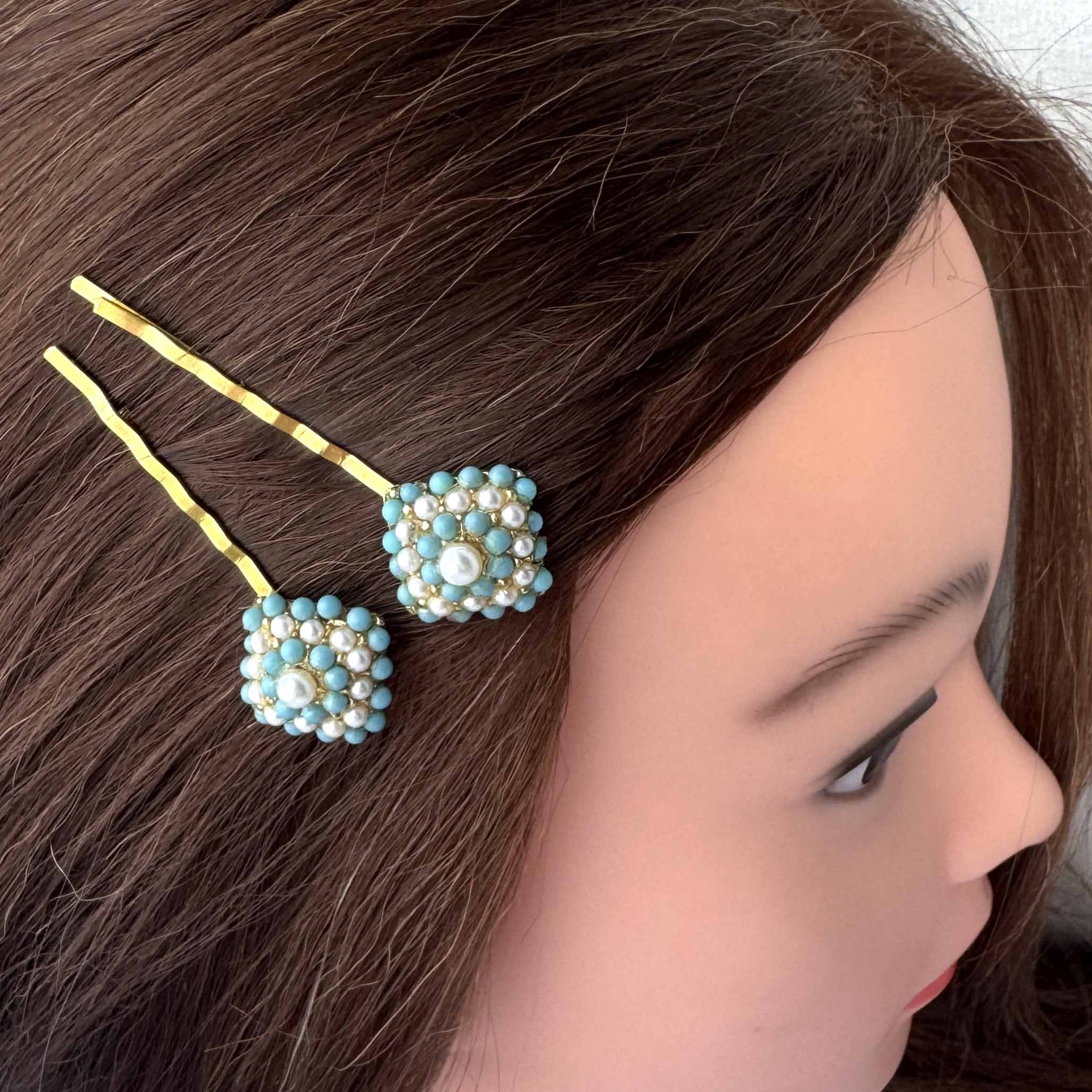 gold turquoise and pearl vintage hair clips, vintage hair accessories