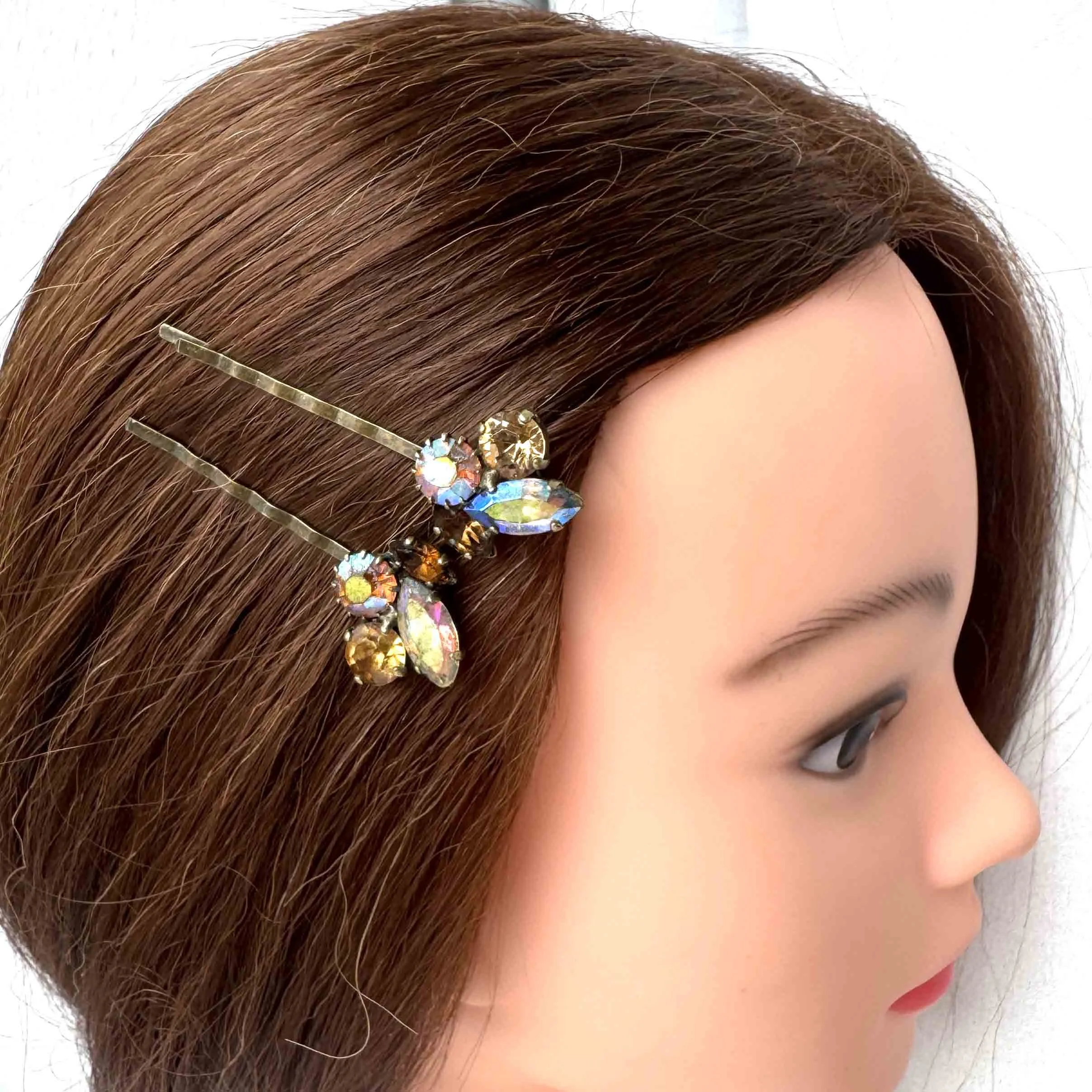 vintage amber topaz golden hair clips, vintage hair accessories