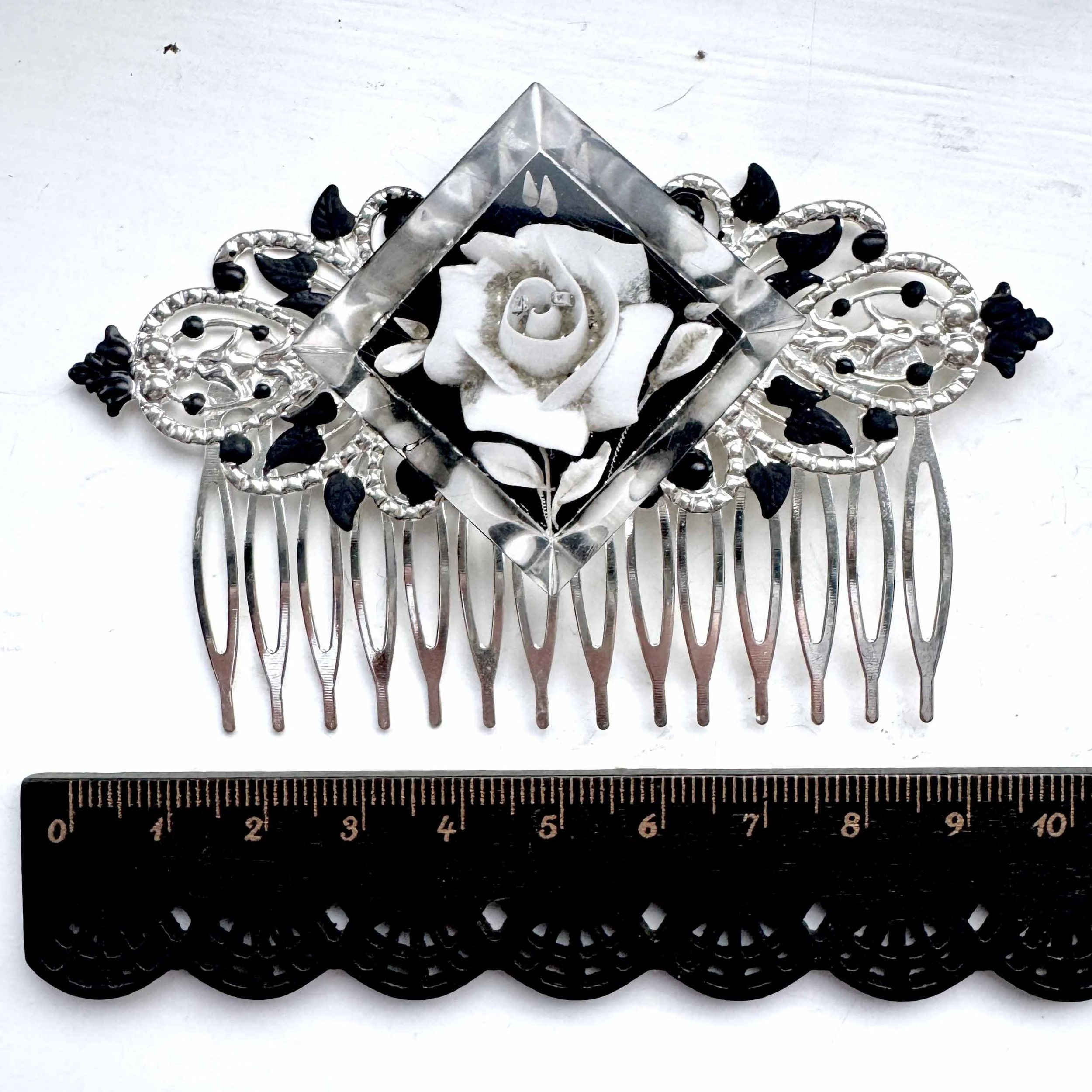 antique black and white rose hair slide, antique hair slide, antique hair accessories