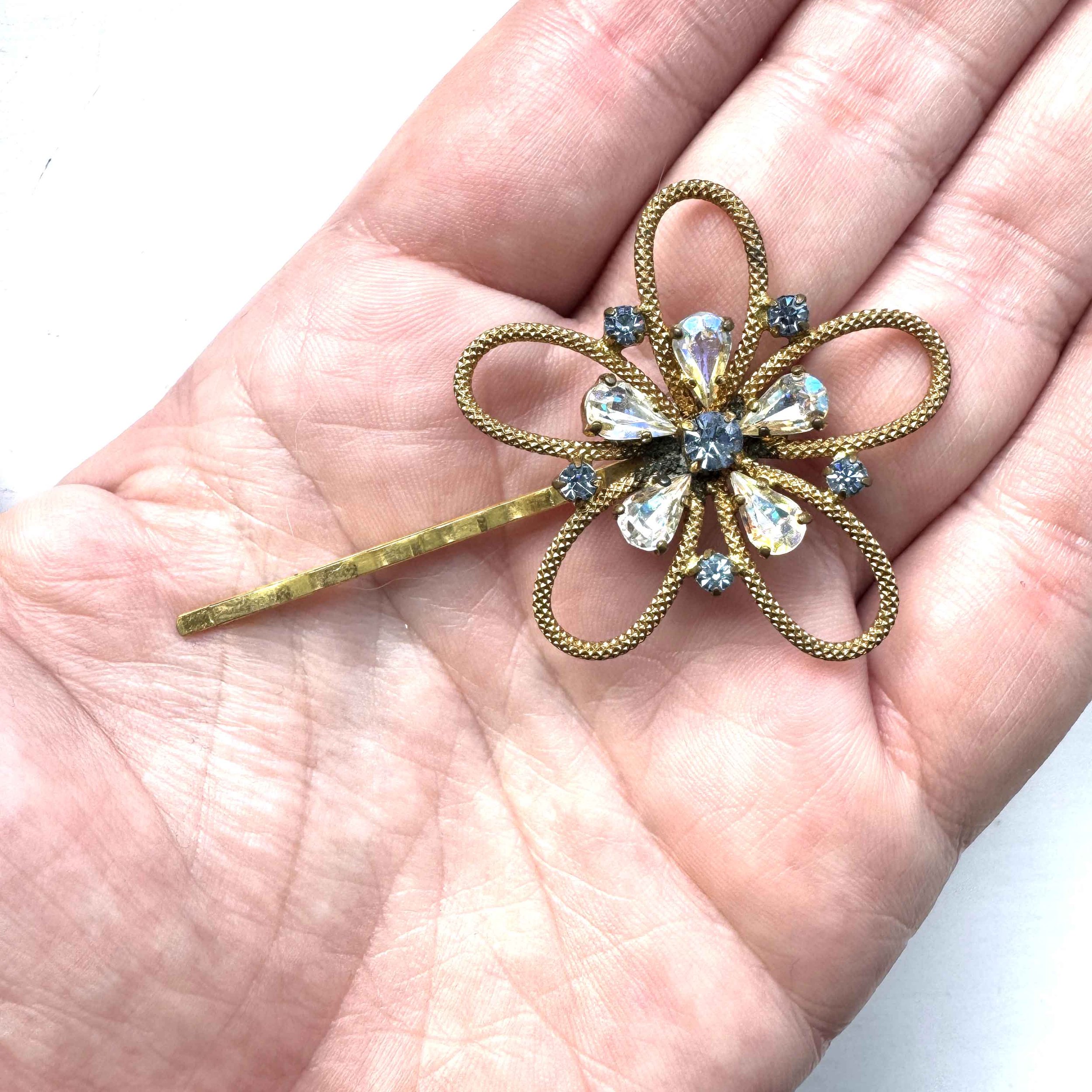 1950s vintage gold blue rhinestone hair slide, vintage hair accessories