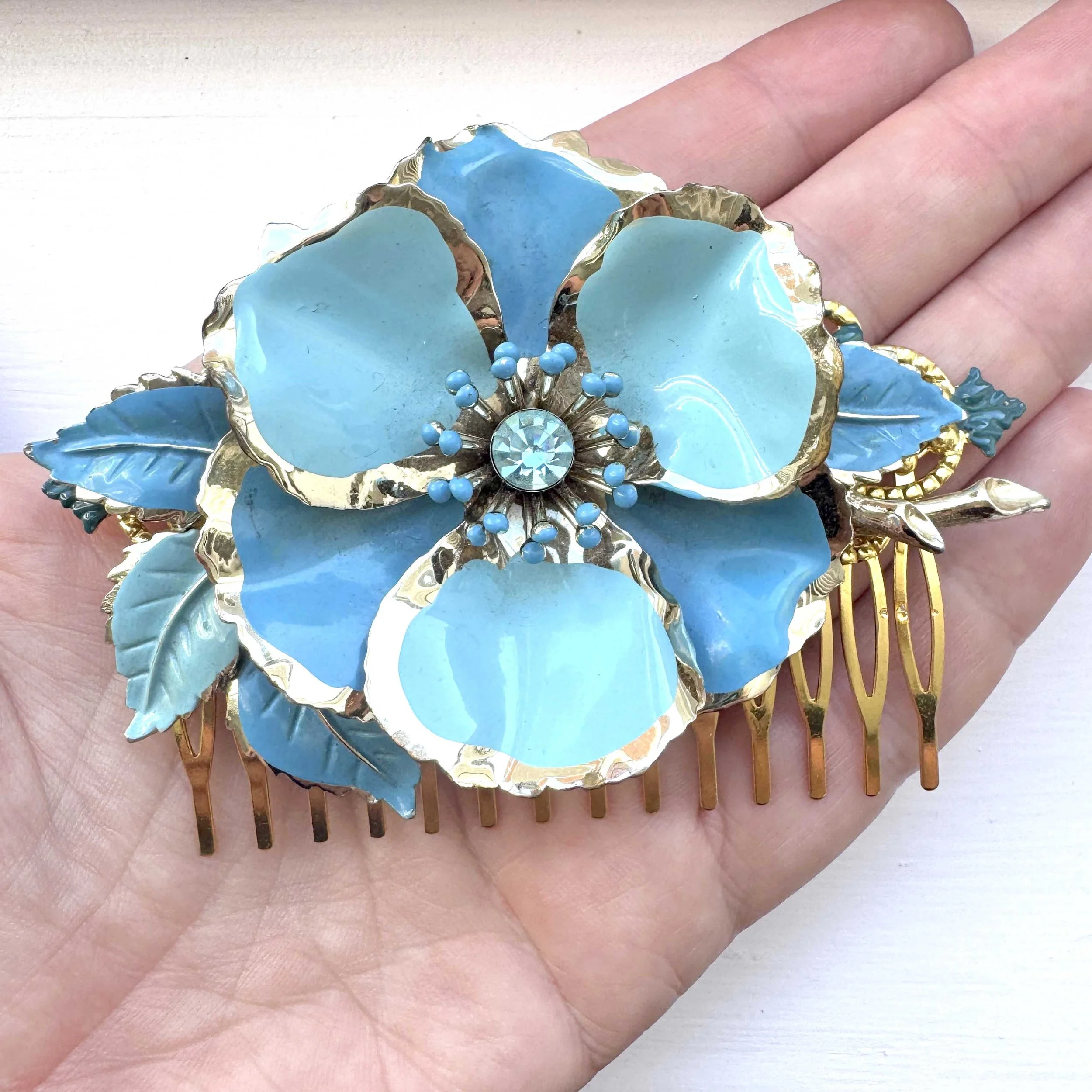 1950s vintage blue rhinestone flower bridal hair comb, antique hair accessories