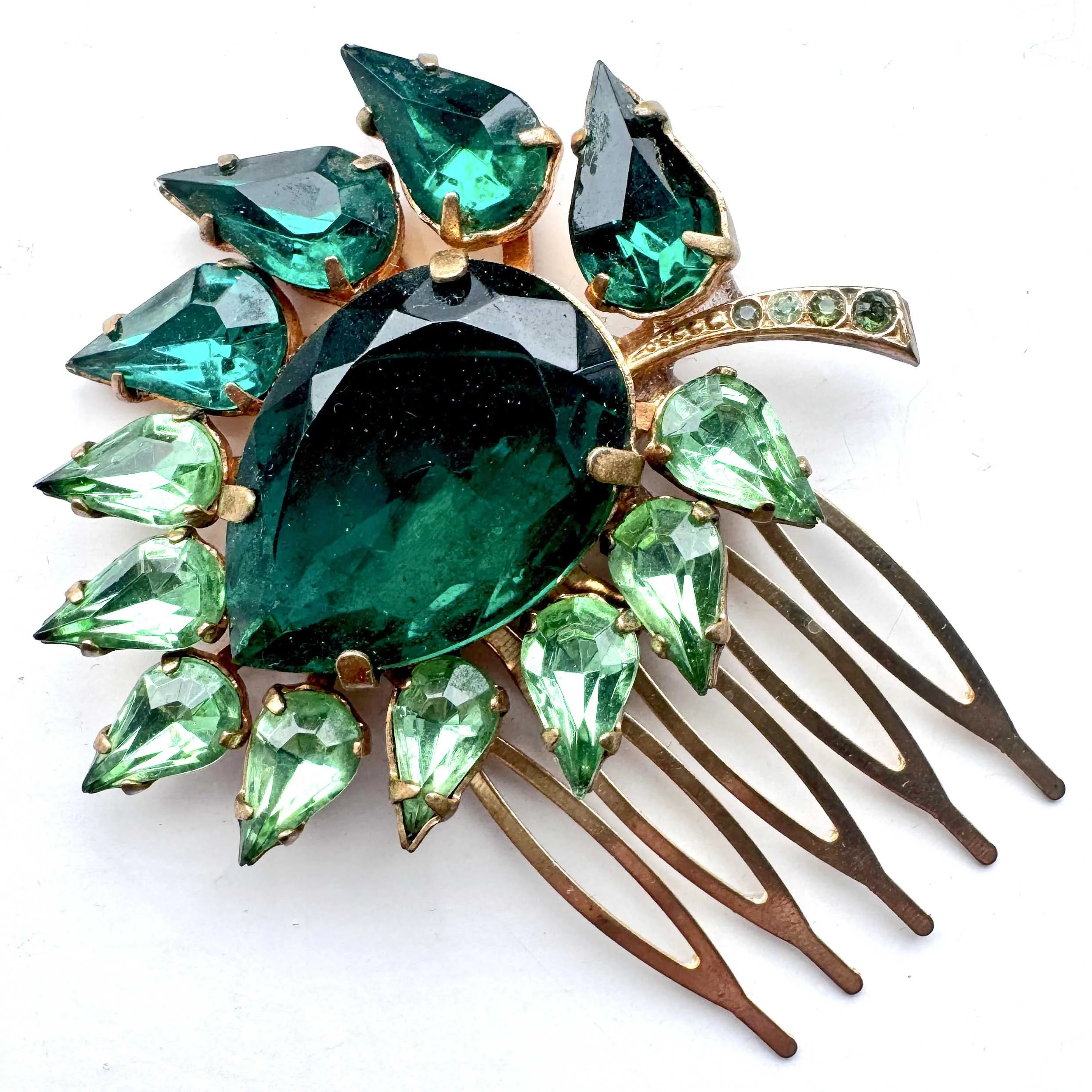 1950s vintage green jewelled antique hair comb, vintage hair accessories