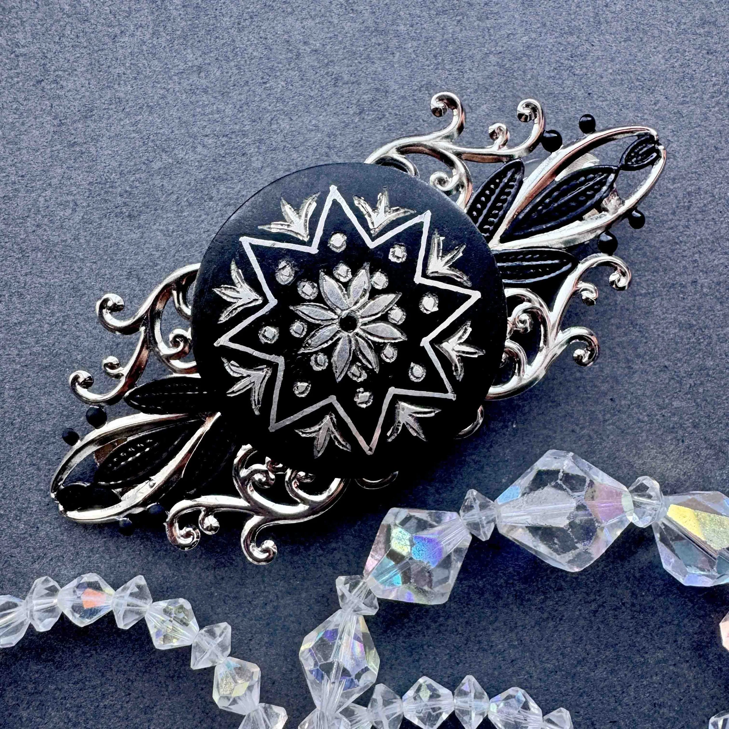 vintage black silver hair barrette, vintage hair accessories