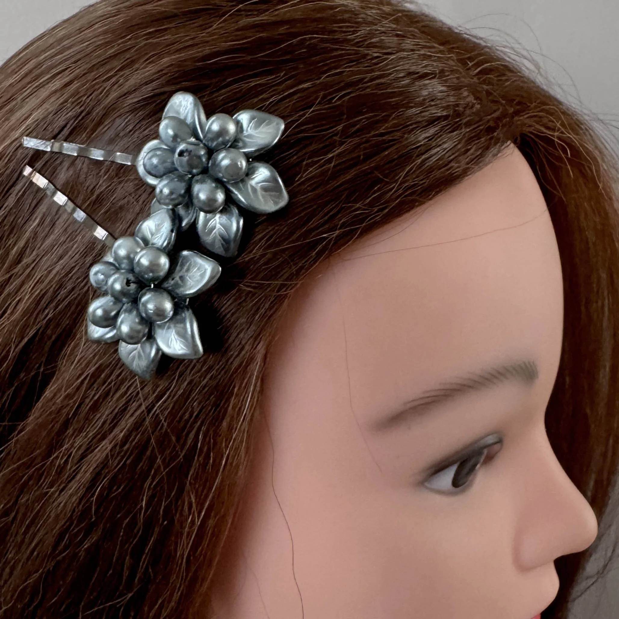 silver flower hair pins, vintage pearl hair clips, vintage hair accessories