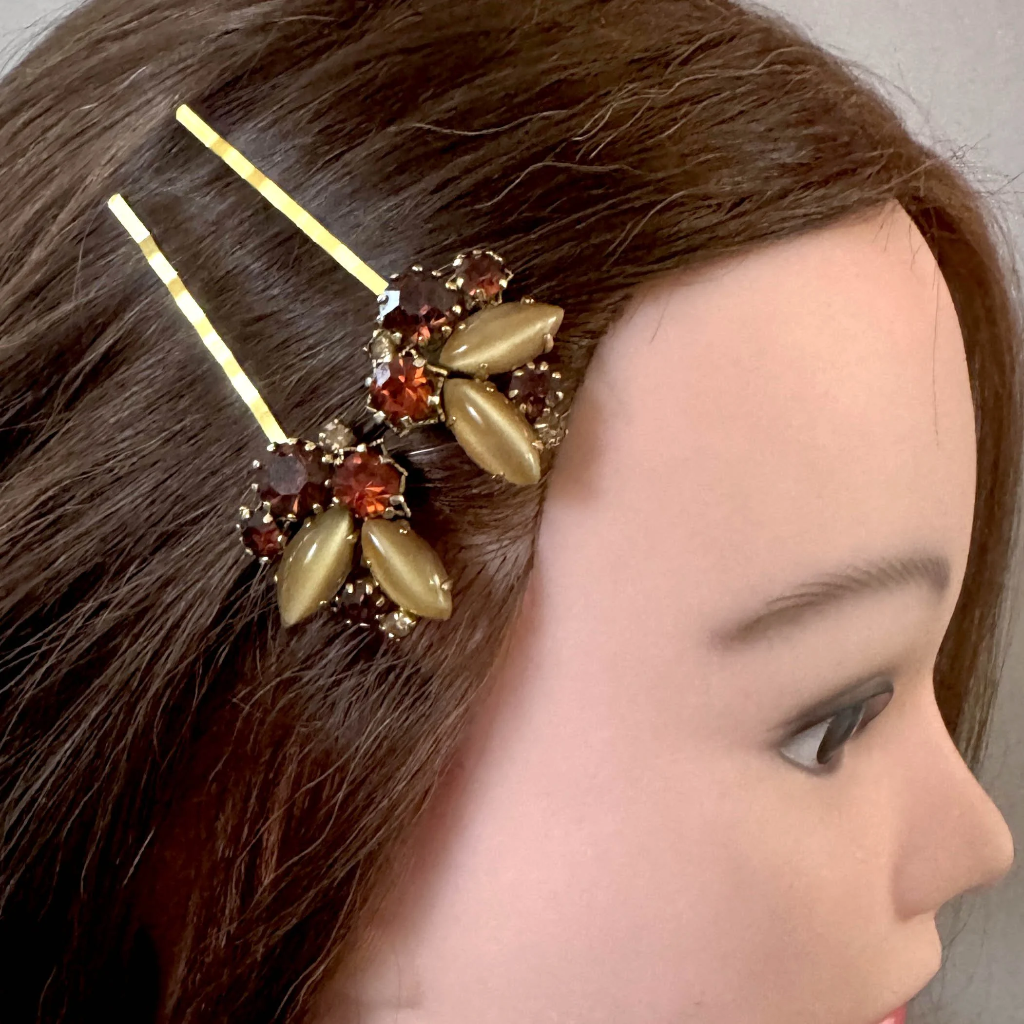 1950s vintage hair clips, amber rhinestone hair clips, vintage hair accessories