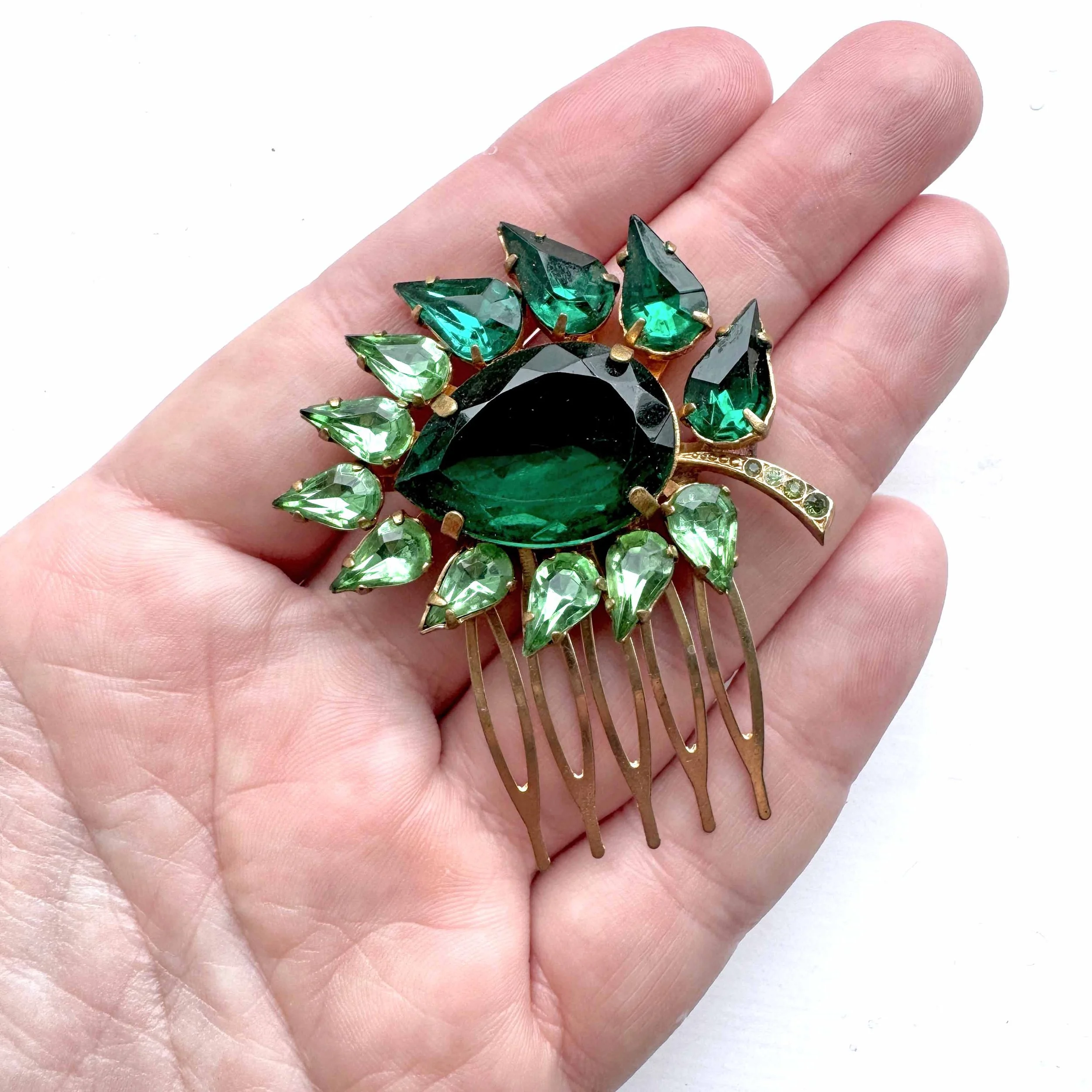 1950s vintage green jewelled hair slide, vintage hair accessories