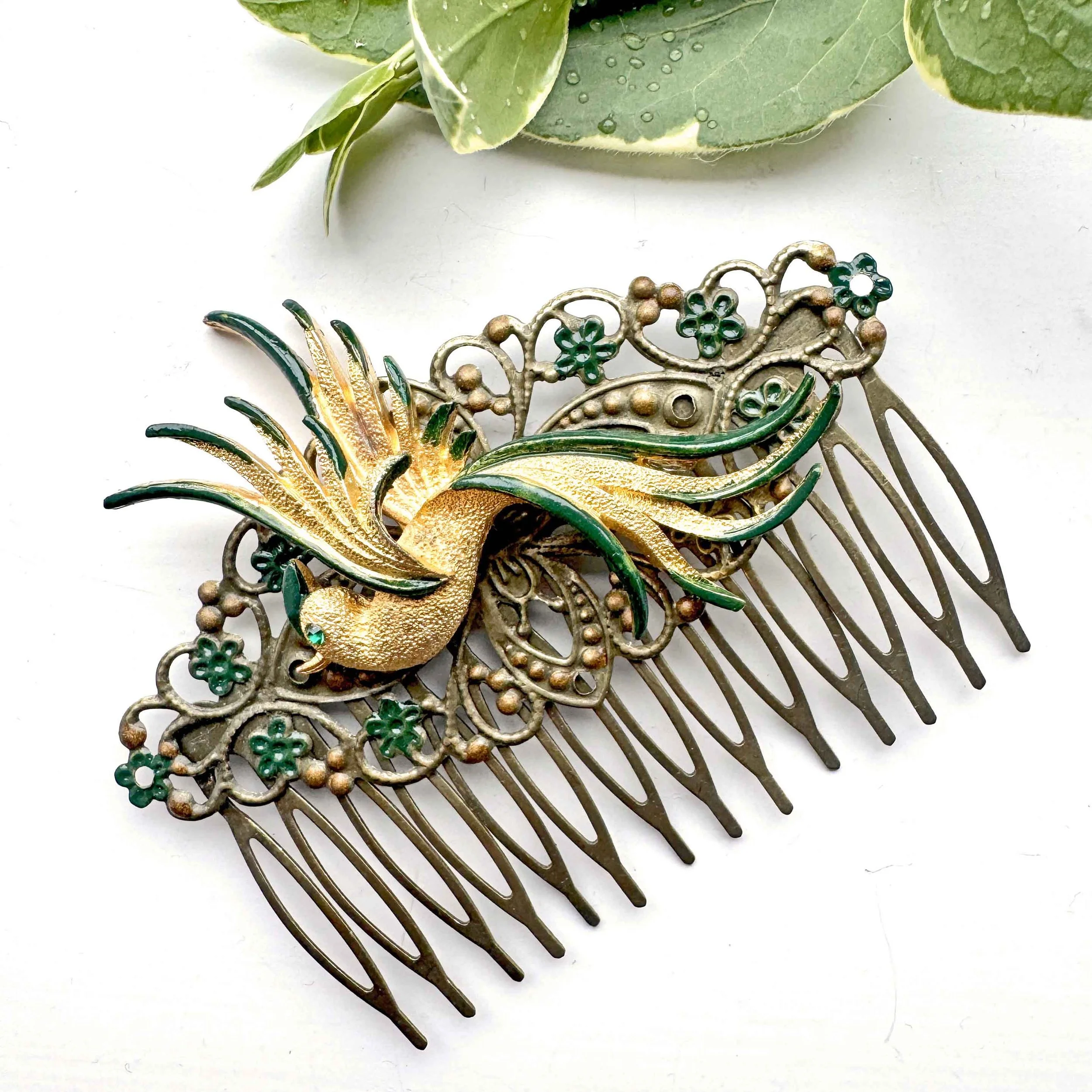 1950s vintage green bridal wedding bird hair comb, vintage hair accessories