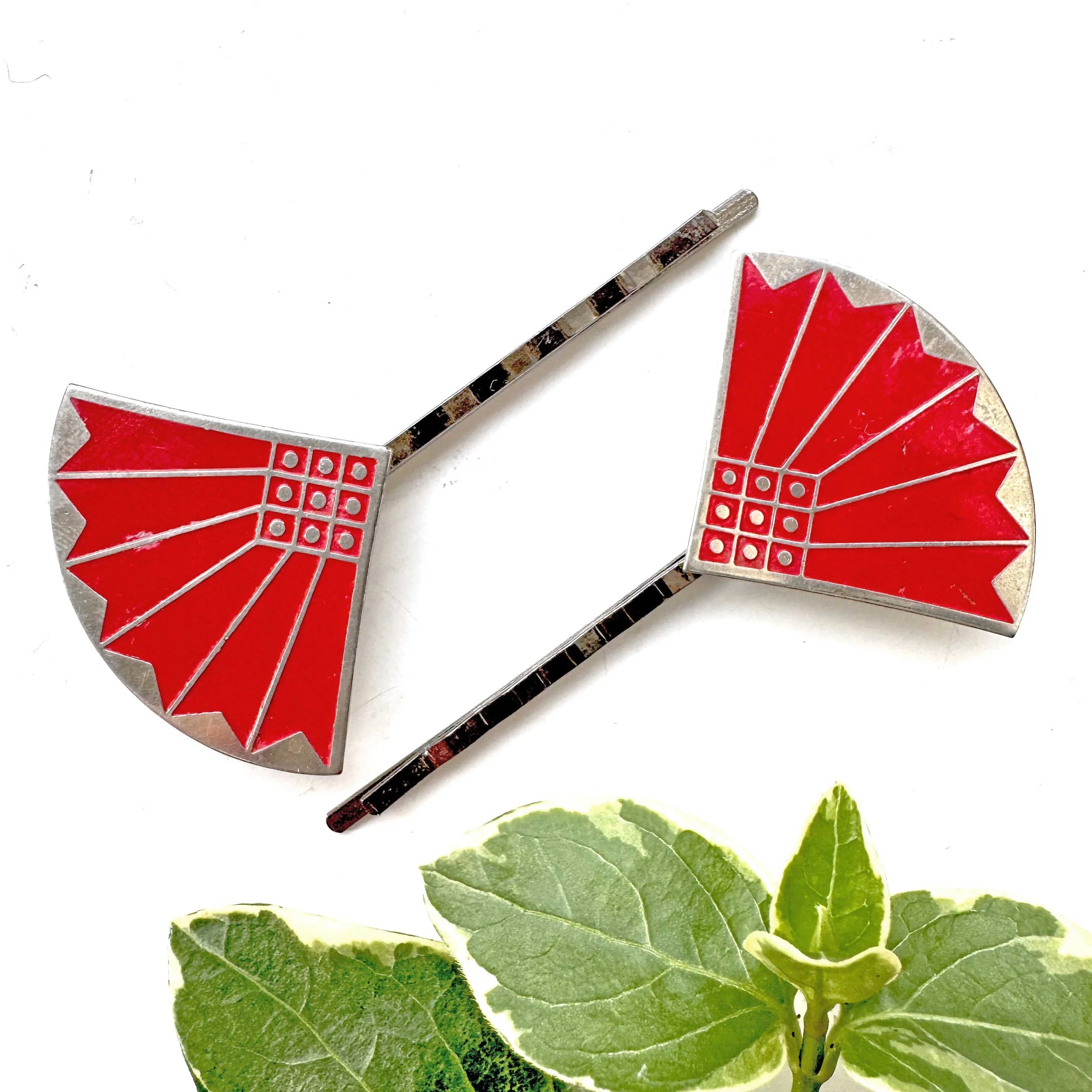Pair Vintage Art Deco Red Fan Hair Pins VA1245