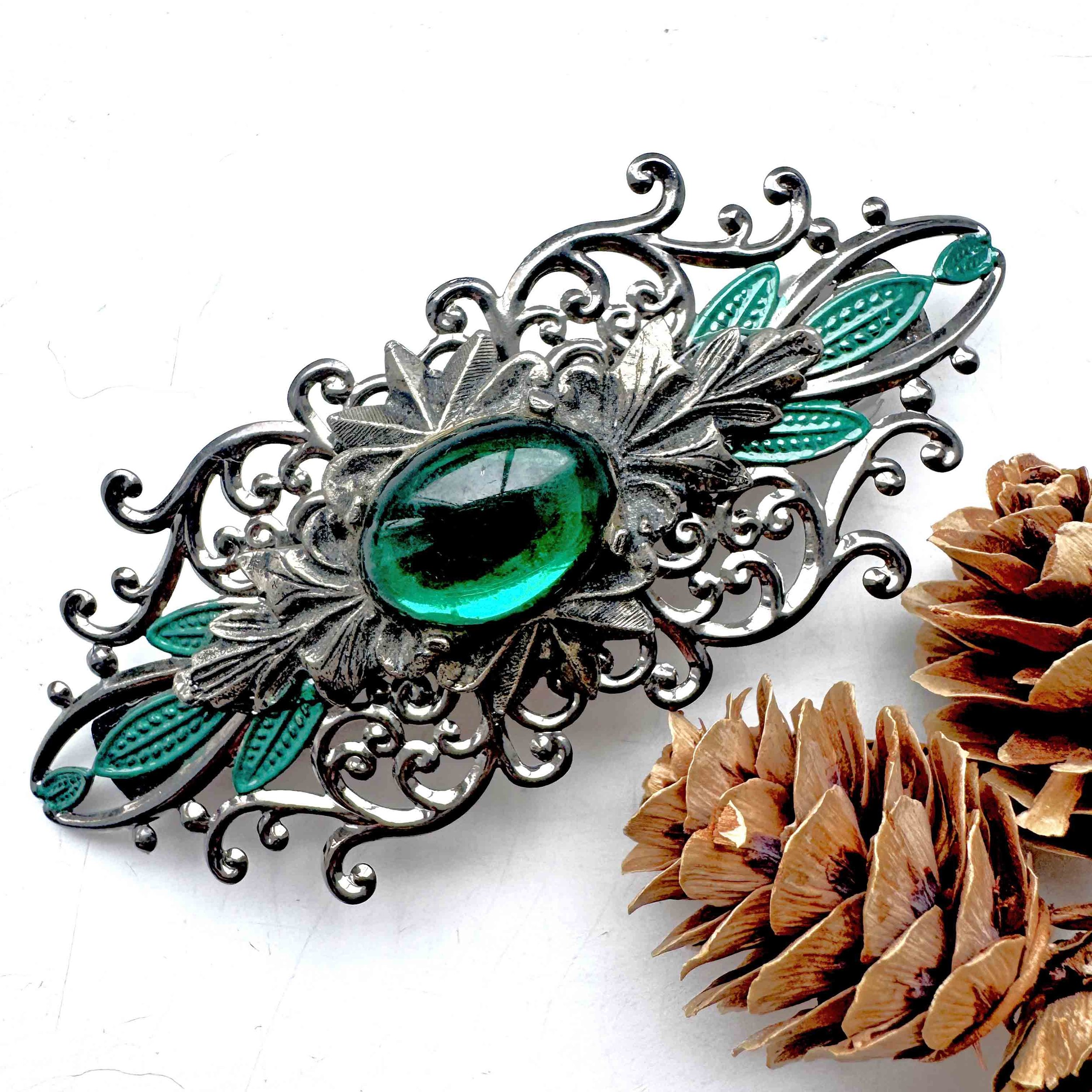 Vintage Green Jewelled Silver Hair Barrette VA1210