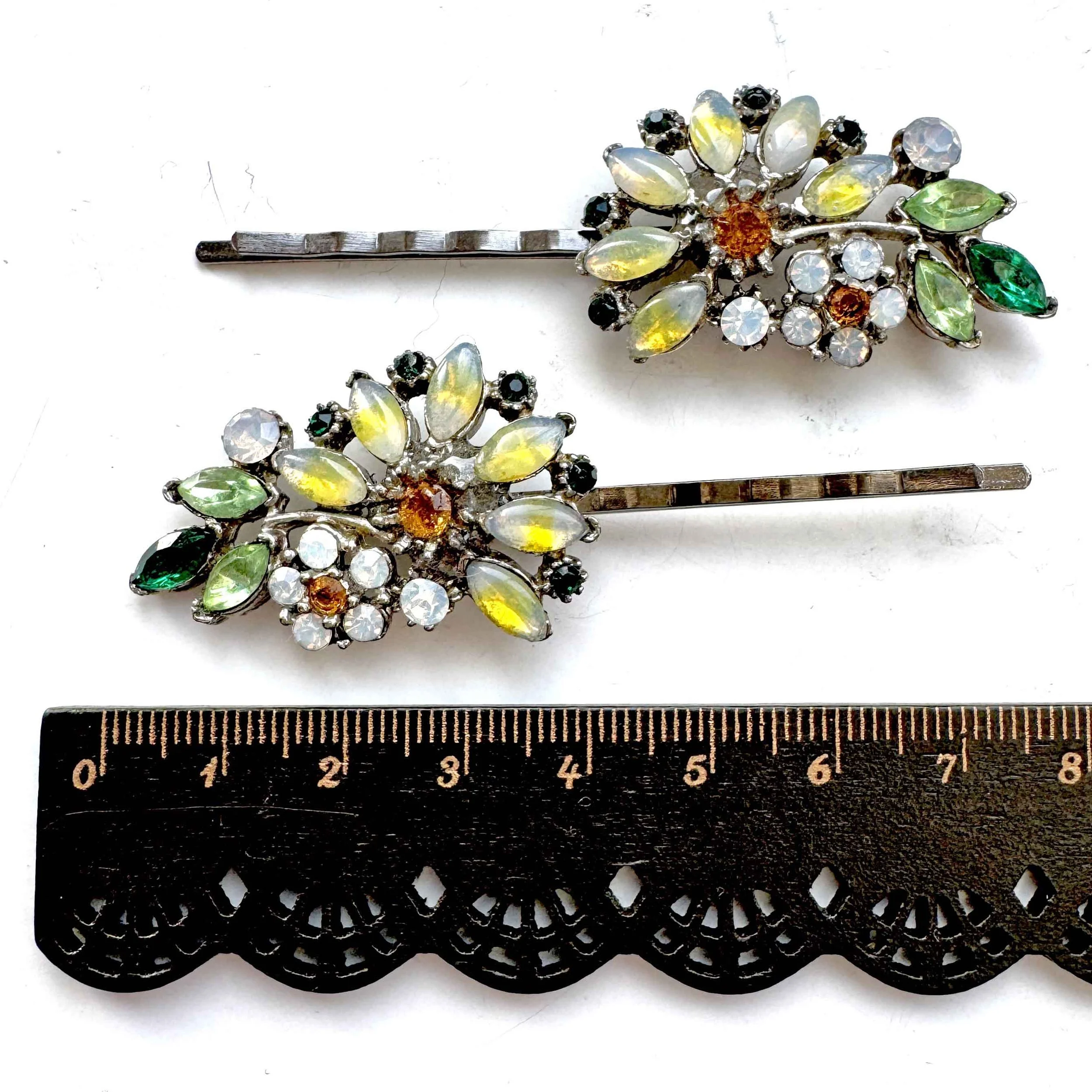 1940s vintage yellow flower bobby pins, vintage bobby pins, vintage hair accessories