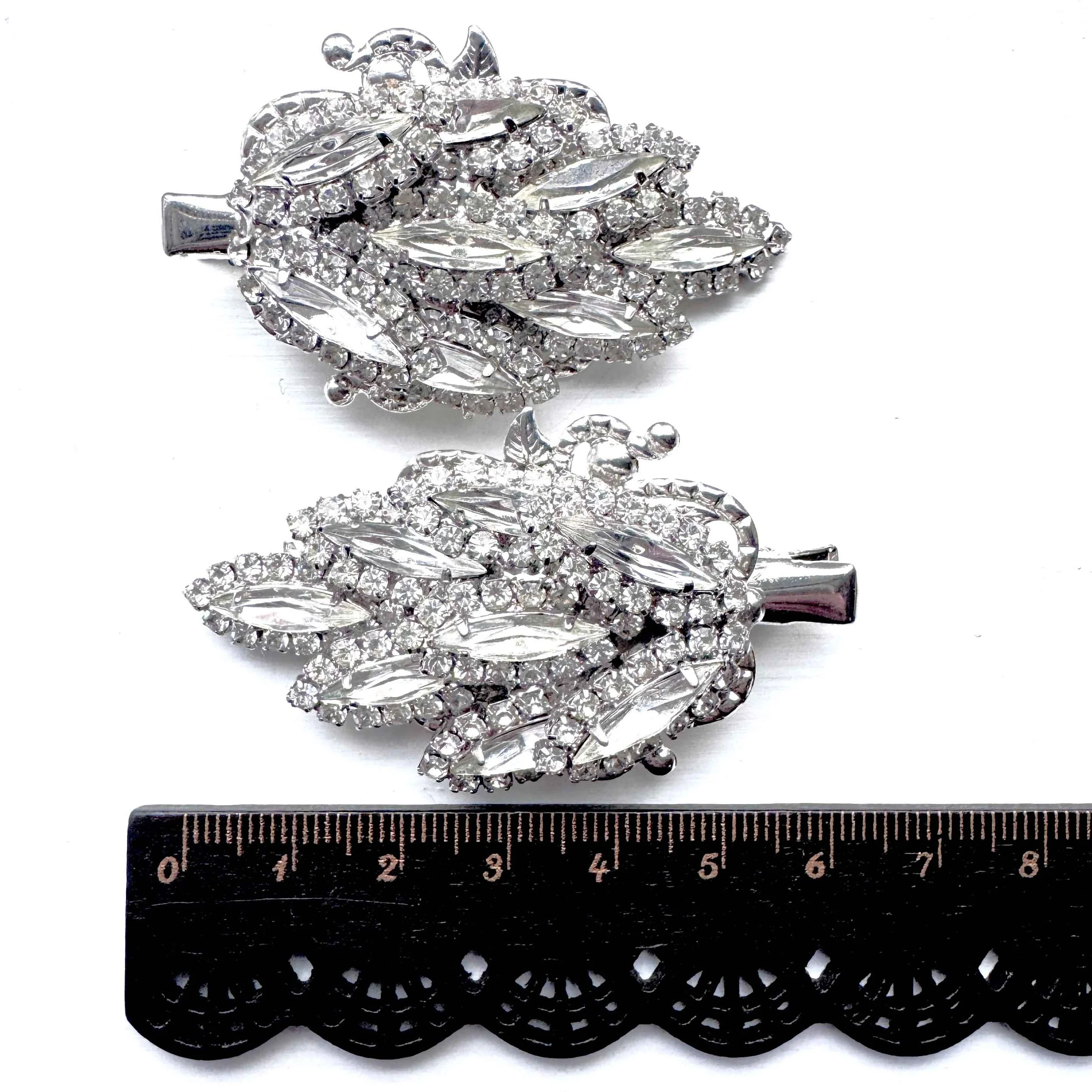 1950s vintage rhinestone silver hair slides - vintage hair accessories