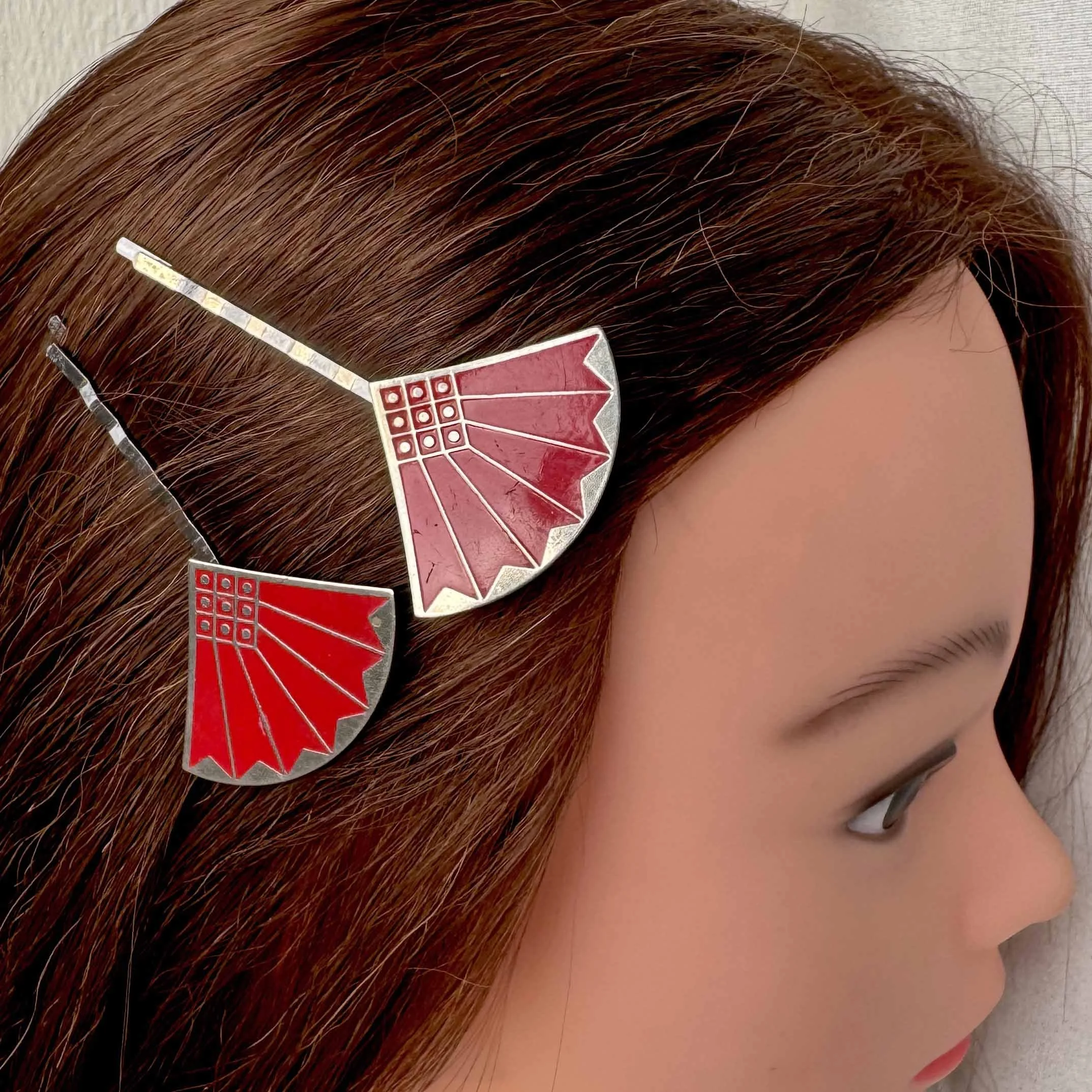 vintage red art deco hair clips, vintage hair clips, vintage hair accessories