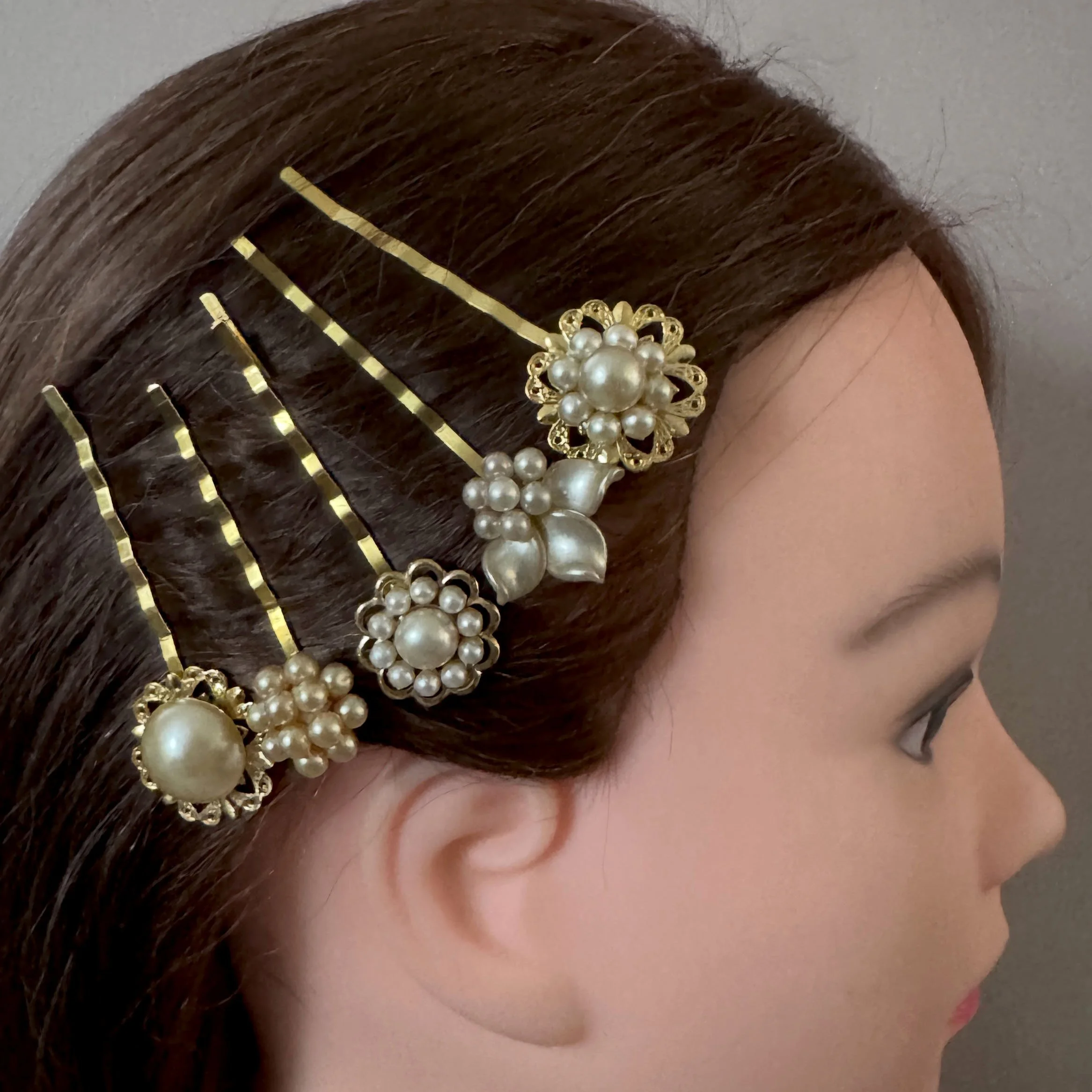 vintage gold pearl hair clip set, vintage hair accessories