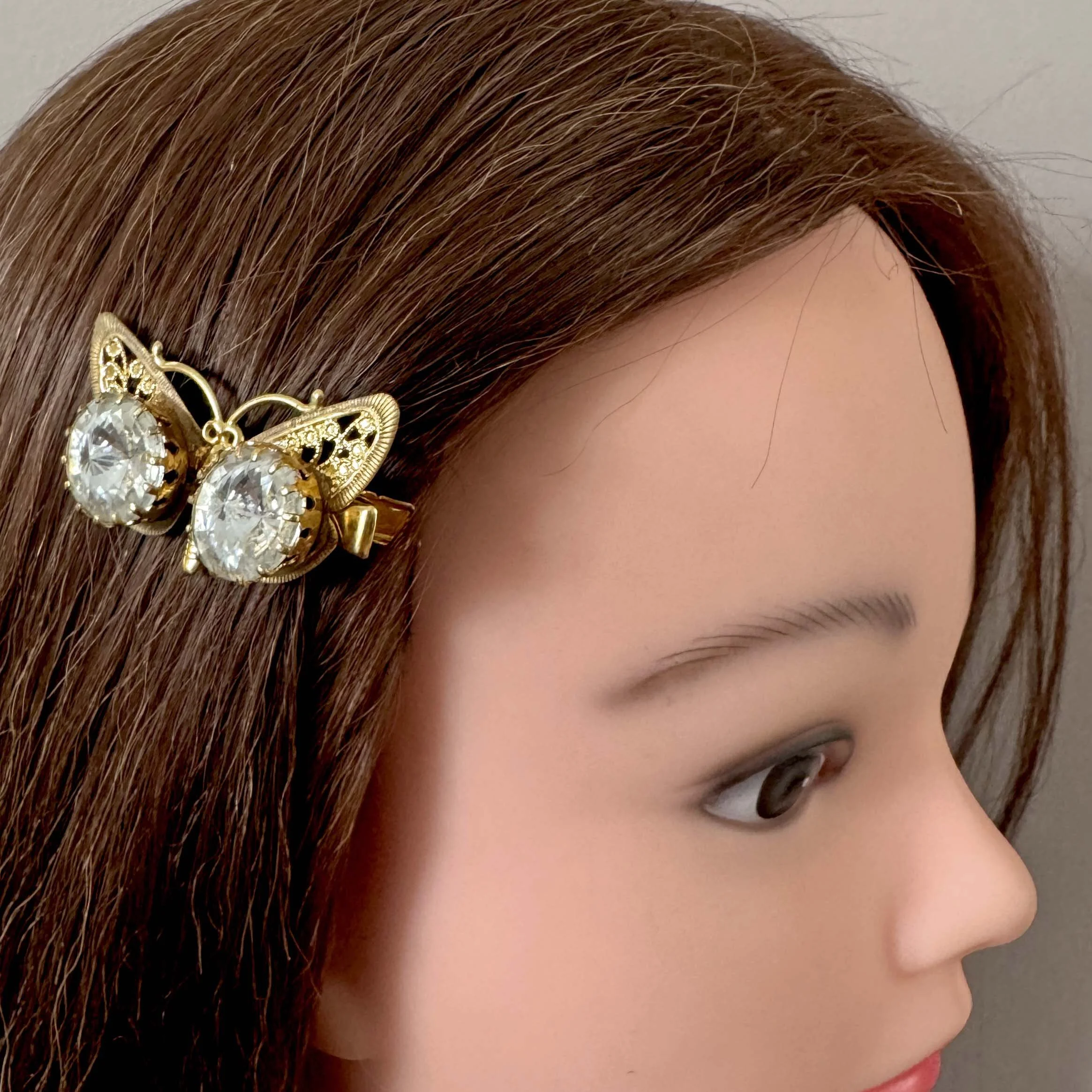 1950s vintage gold rhinestone butterfly hair slide - vintage hair accessories