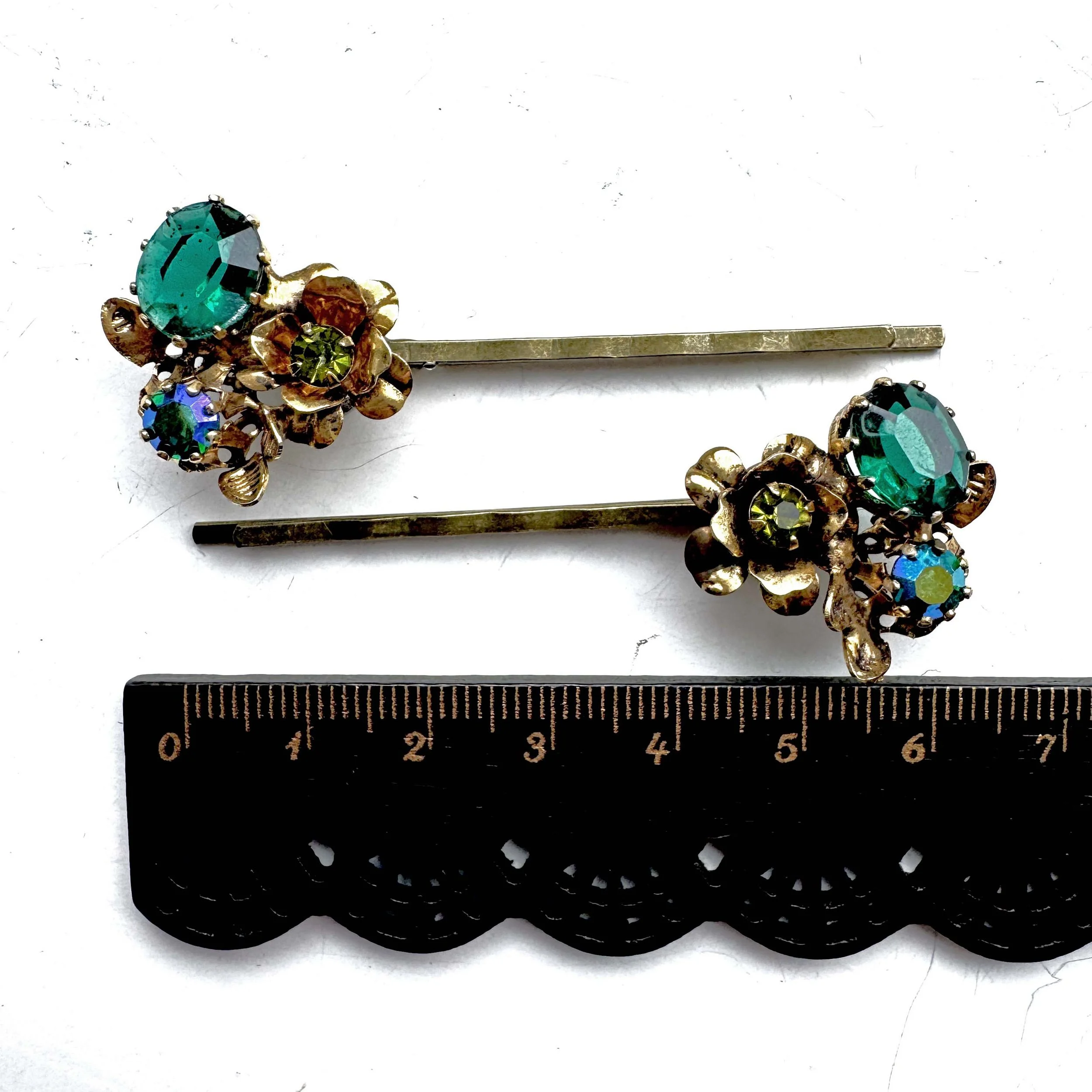 vintage green gold flower bobby pins, vintage hair accessories
