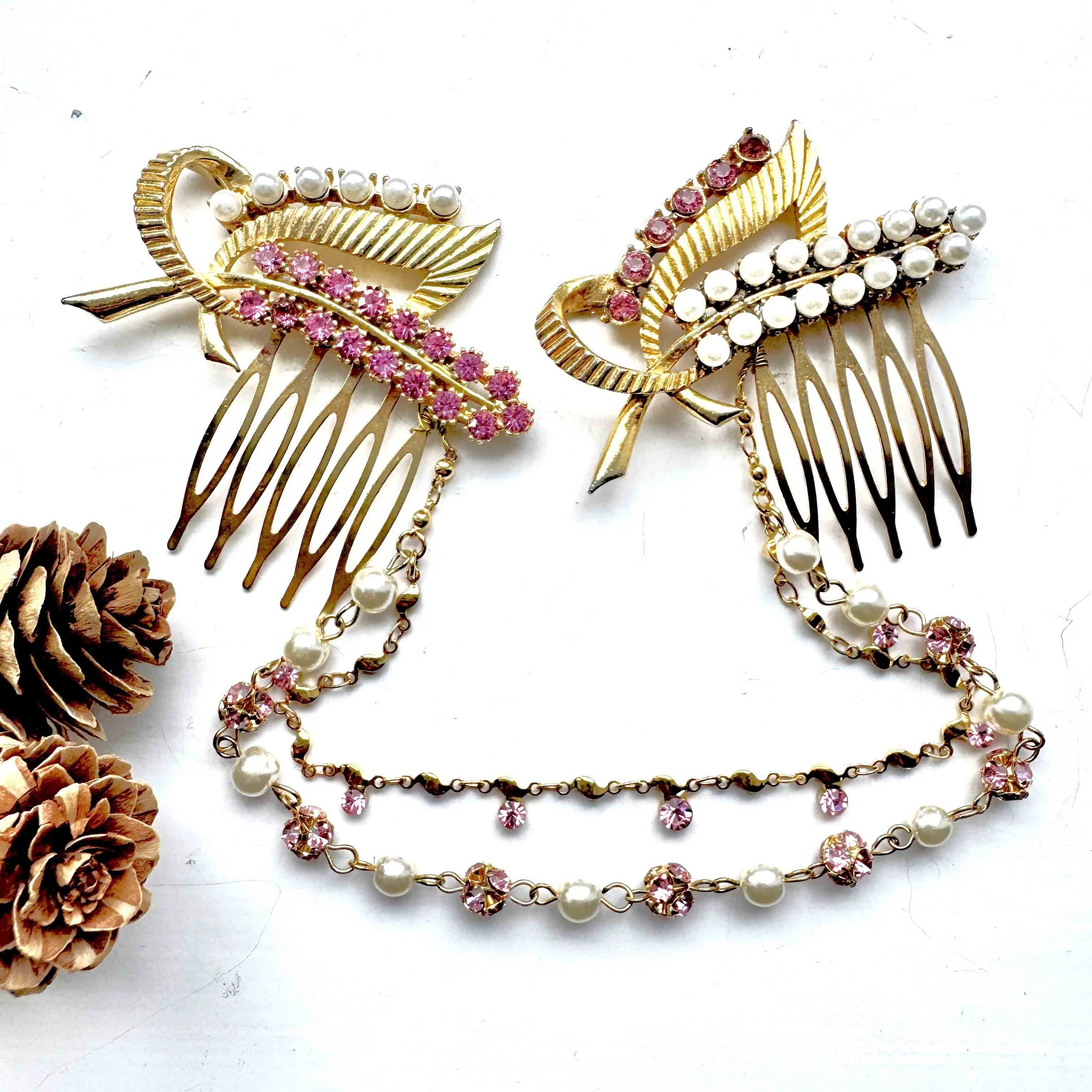 antique pink rhinestone and pearl wedding head chain, vintage hair accessories