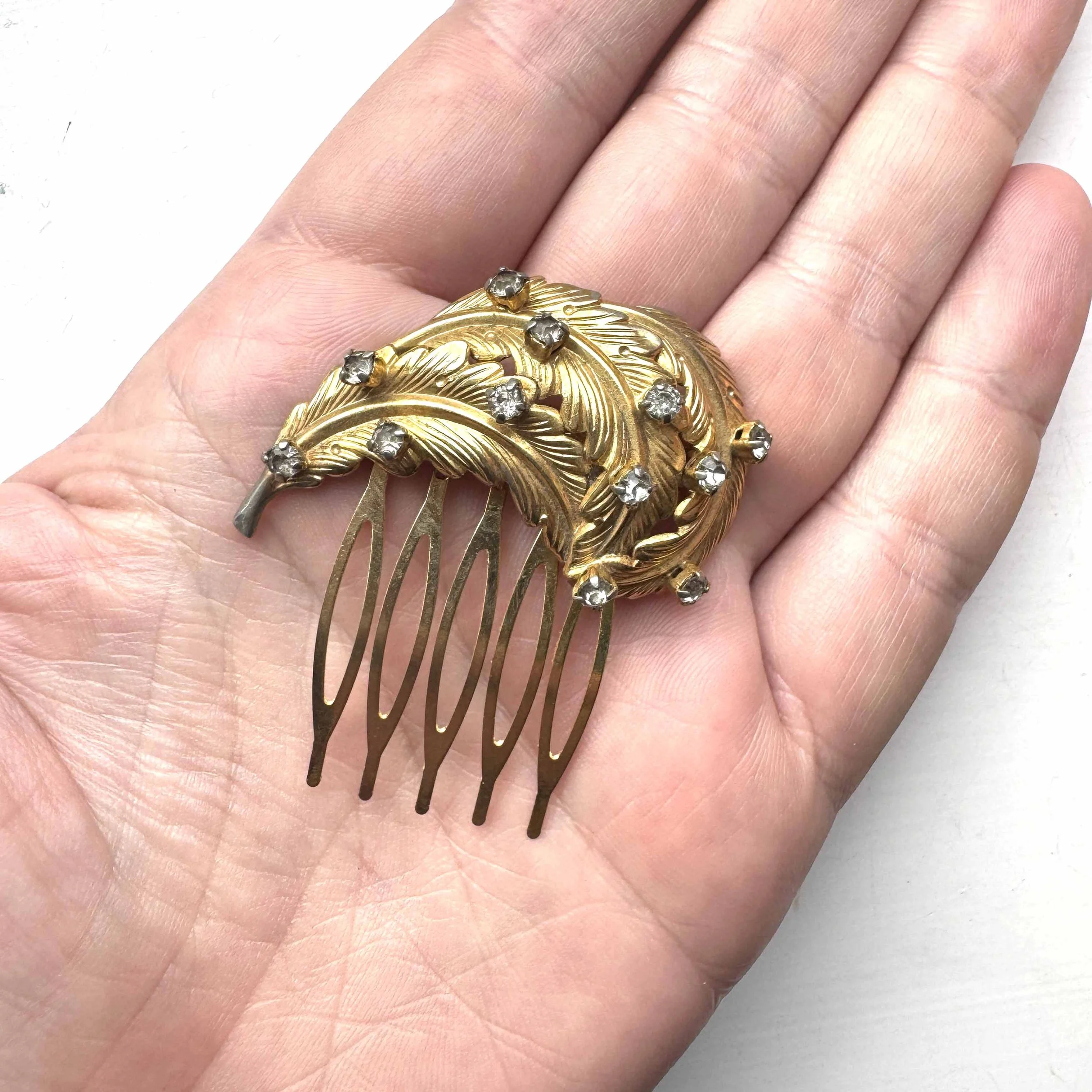 antique gold rhinestone feather hair comb, vintage hair accessories