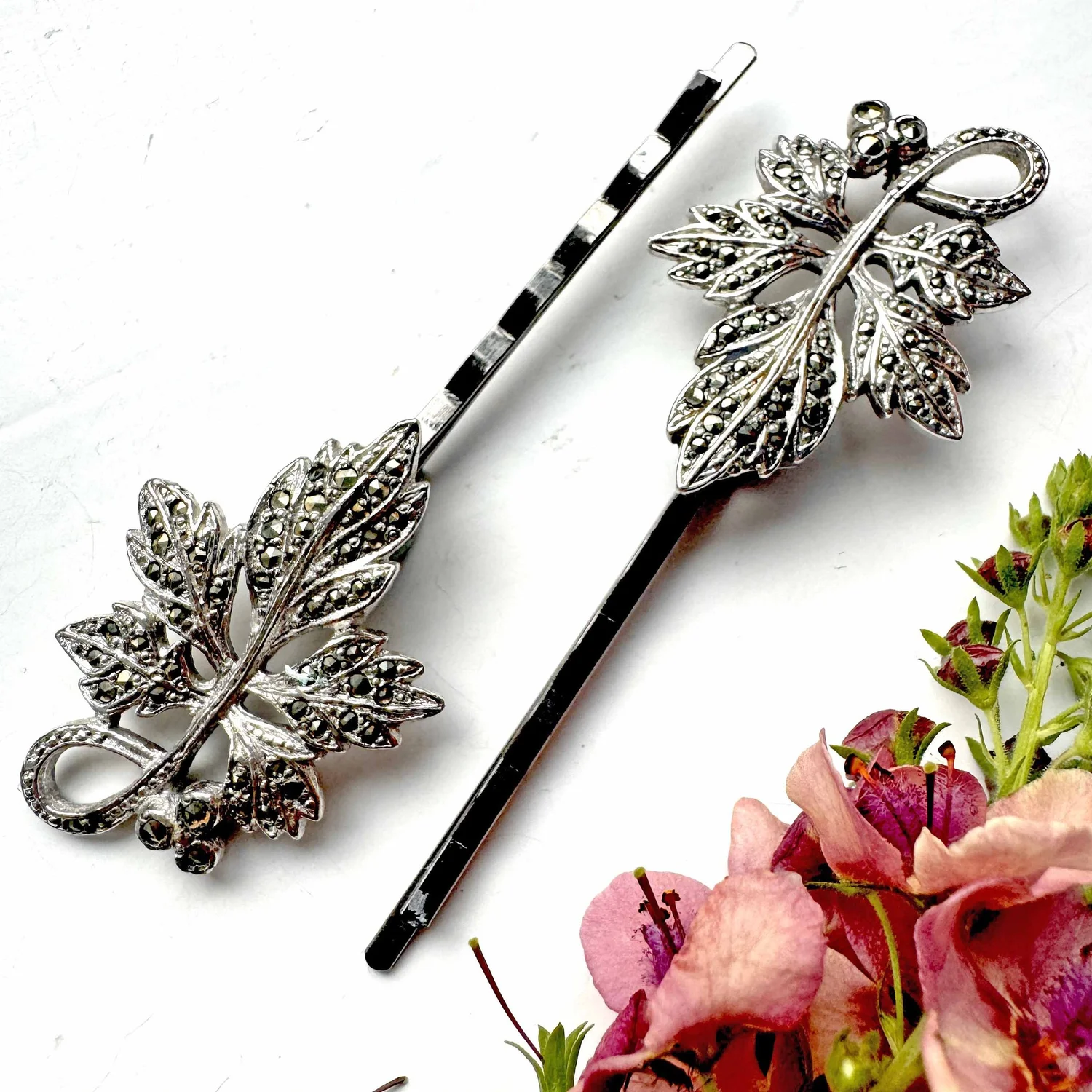 Vintage Sterling Silver Marcasite Leaf Hair Clips Vintage 1930s Silver Marcasite Leaf Hair Pins - Vintage Hair  main image 3