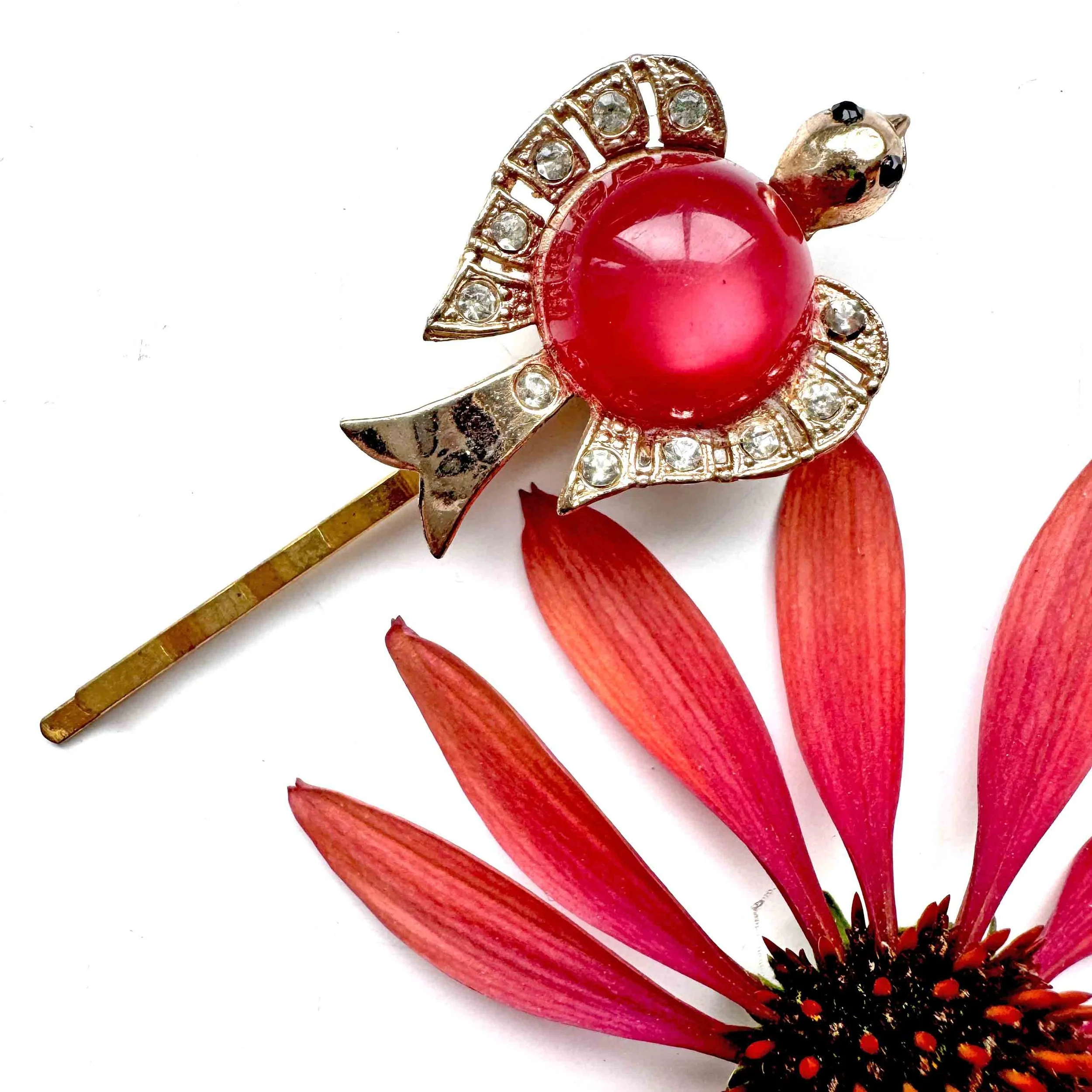 vintage red bird hair pin, vintage hair accessories