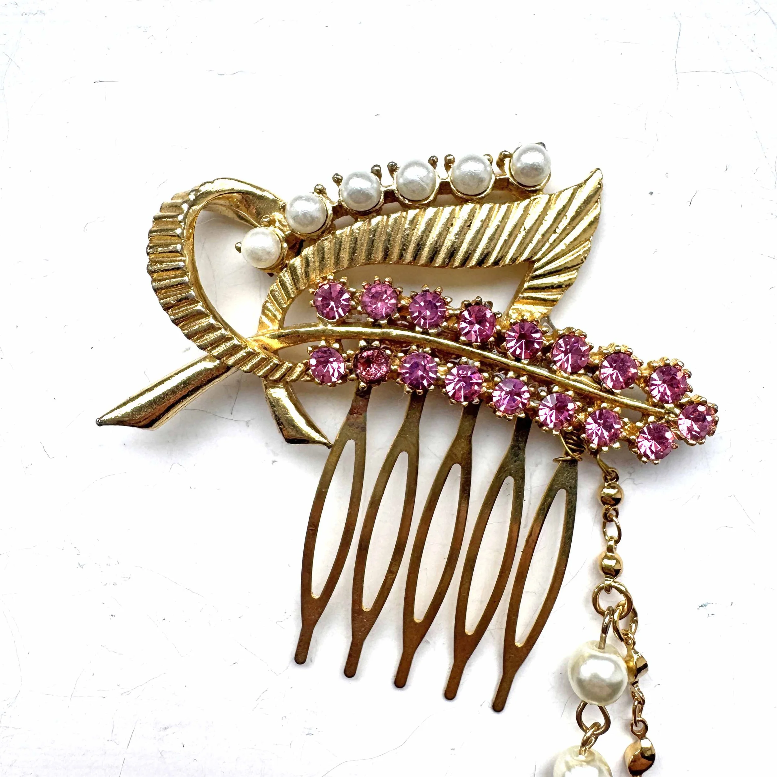 vintage pink rhinestone and pearl wedding head chain, vintage hair accessories