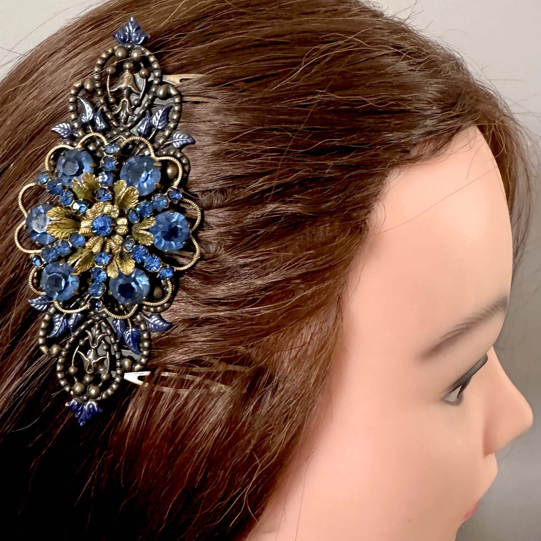 vintage victorian sapphire dark blue hair slide, vintage hair accessories