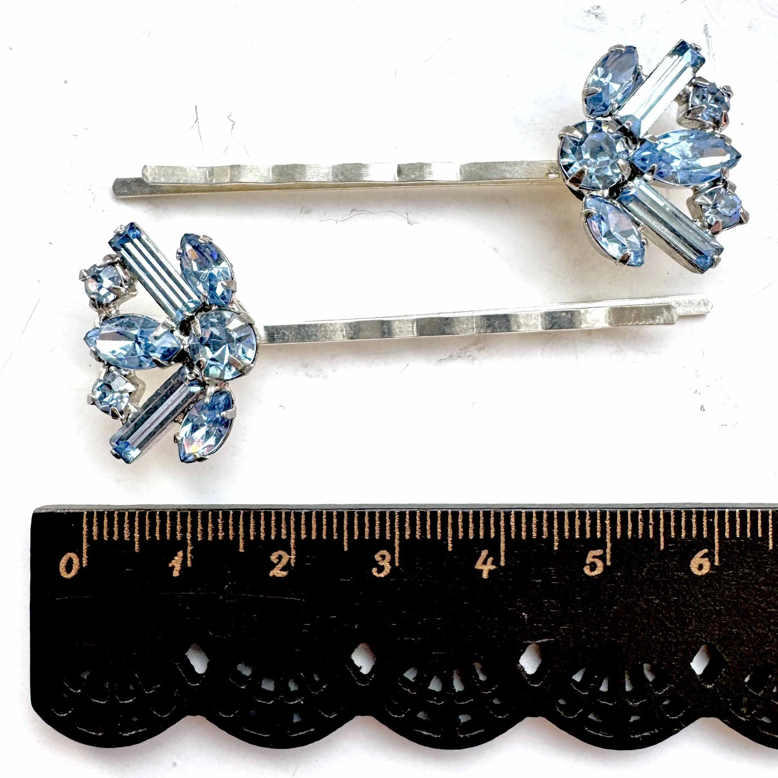 vintage light blue rhinestone bobby pins, vintage bobby pins, vintage hair accessories