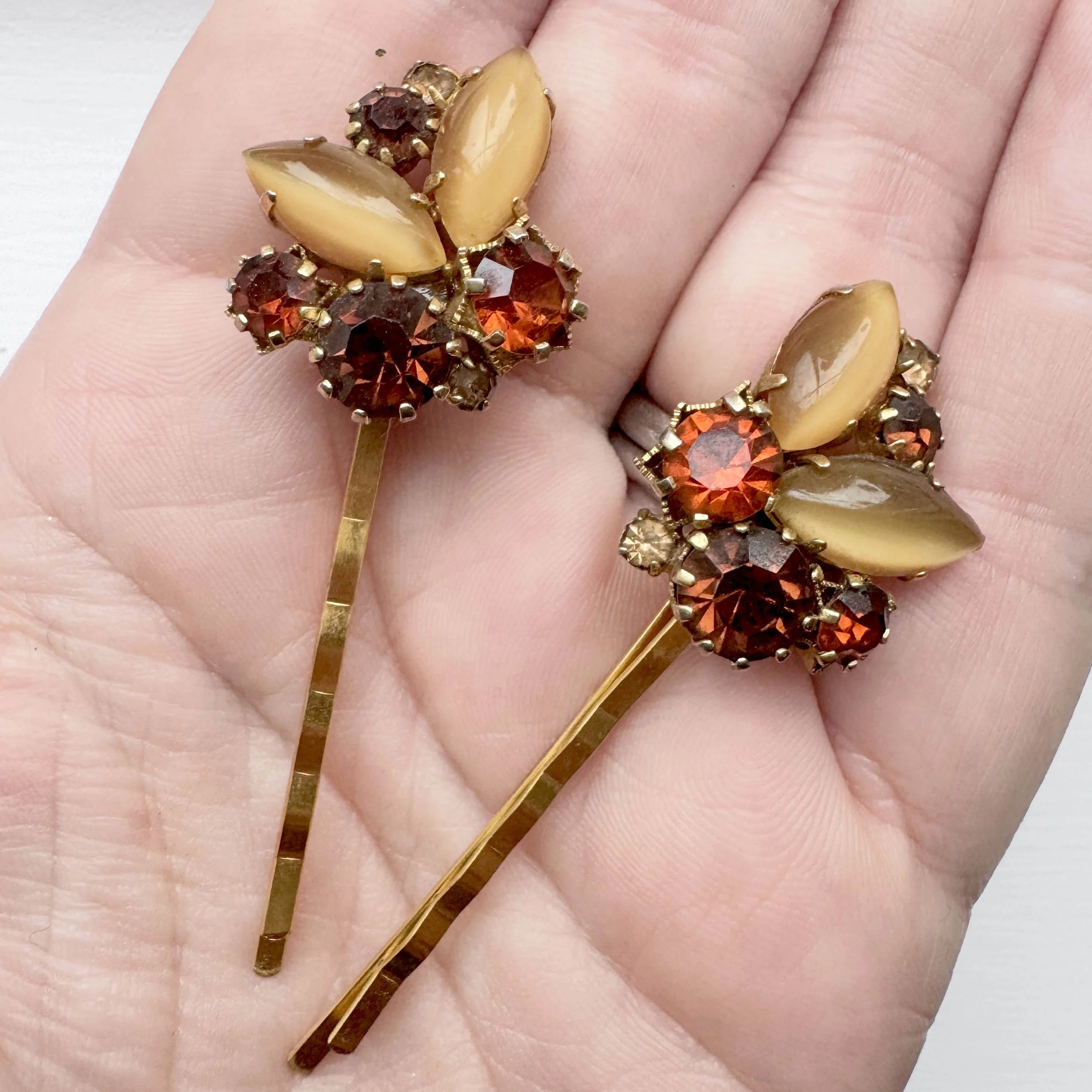 1950s vintage hair slides, amber rhinestone hair slides, vintage hair accessories