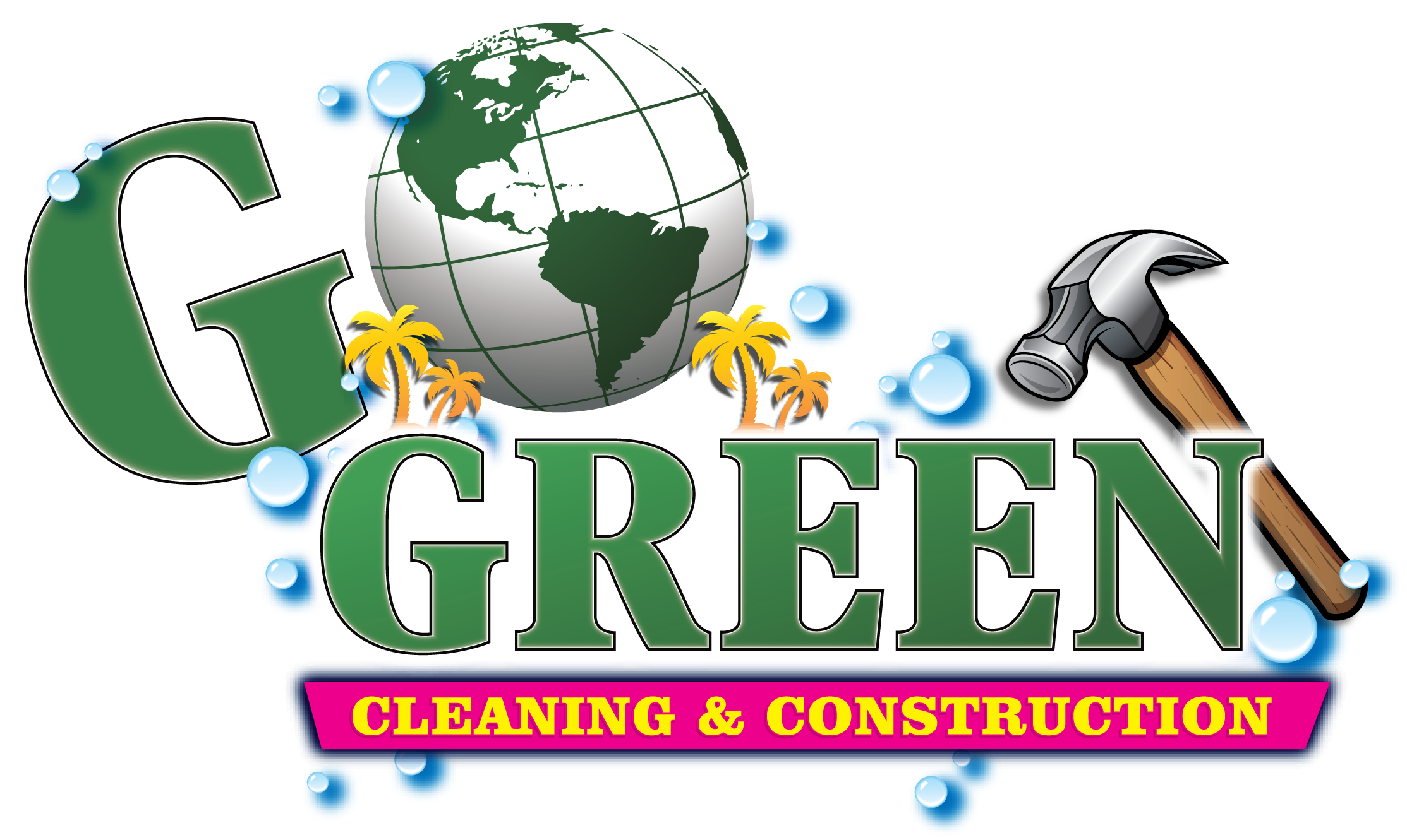 Logo for eco green cleaning and construction company featuring a globe, palm trees, a hammer, and water bubbles with vibrant colors.