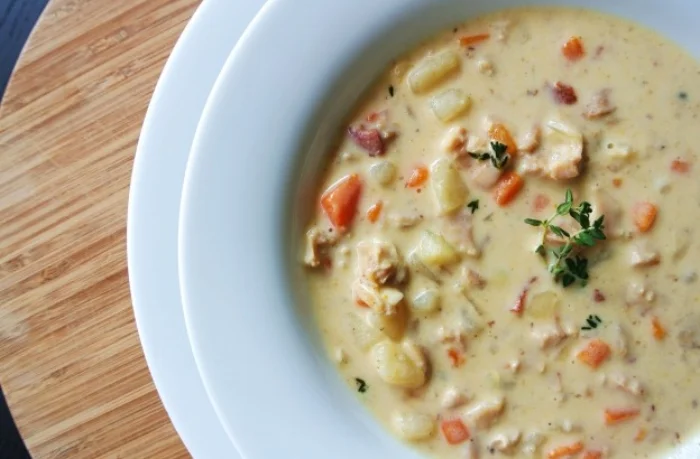 Prep time: 20 minutes Cooking time: 30 minutes Serves: 63 6.5 ounce cans chopped clams in juice1 cup low sodium chicken stock3 strips smoked bacon, diced1/2 small yellow onion, diced1 small russet potato, pealed and diced1 large carrot, diced1 Tbsp.…