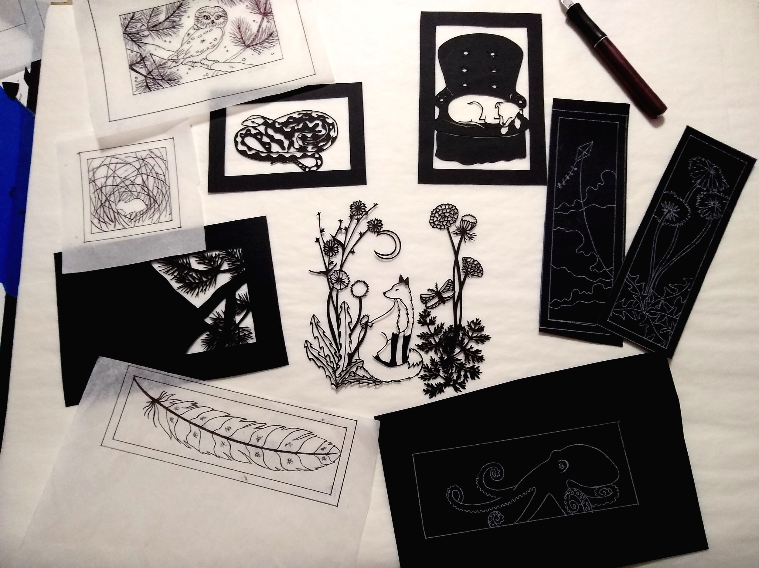 Works in progress: Fox & flowers, Reticulated Python, Dog Chair, etc.