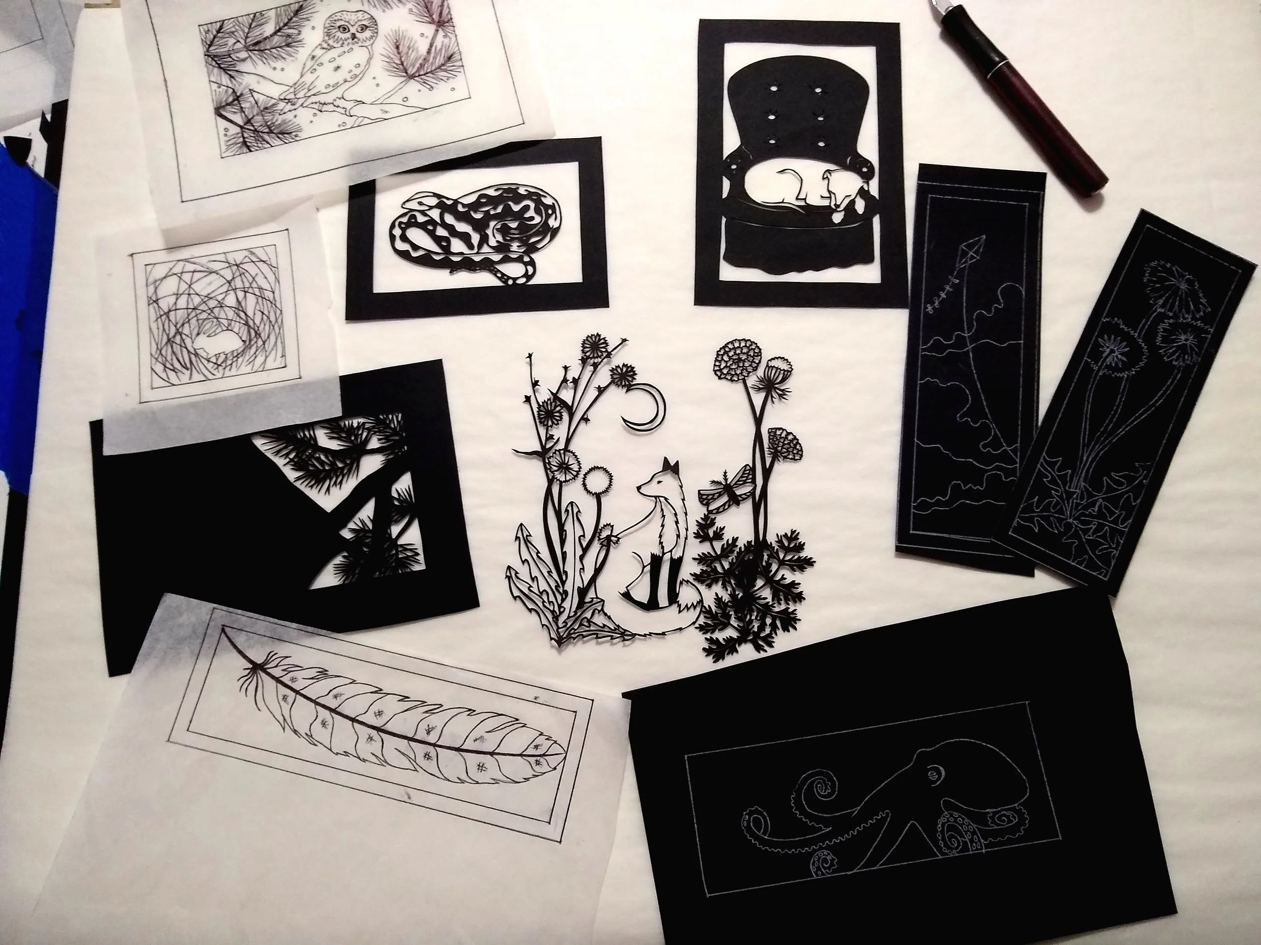 Works in progress: Fox &amp; flowers, Reticulated Python, Dog Chair, etc.