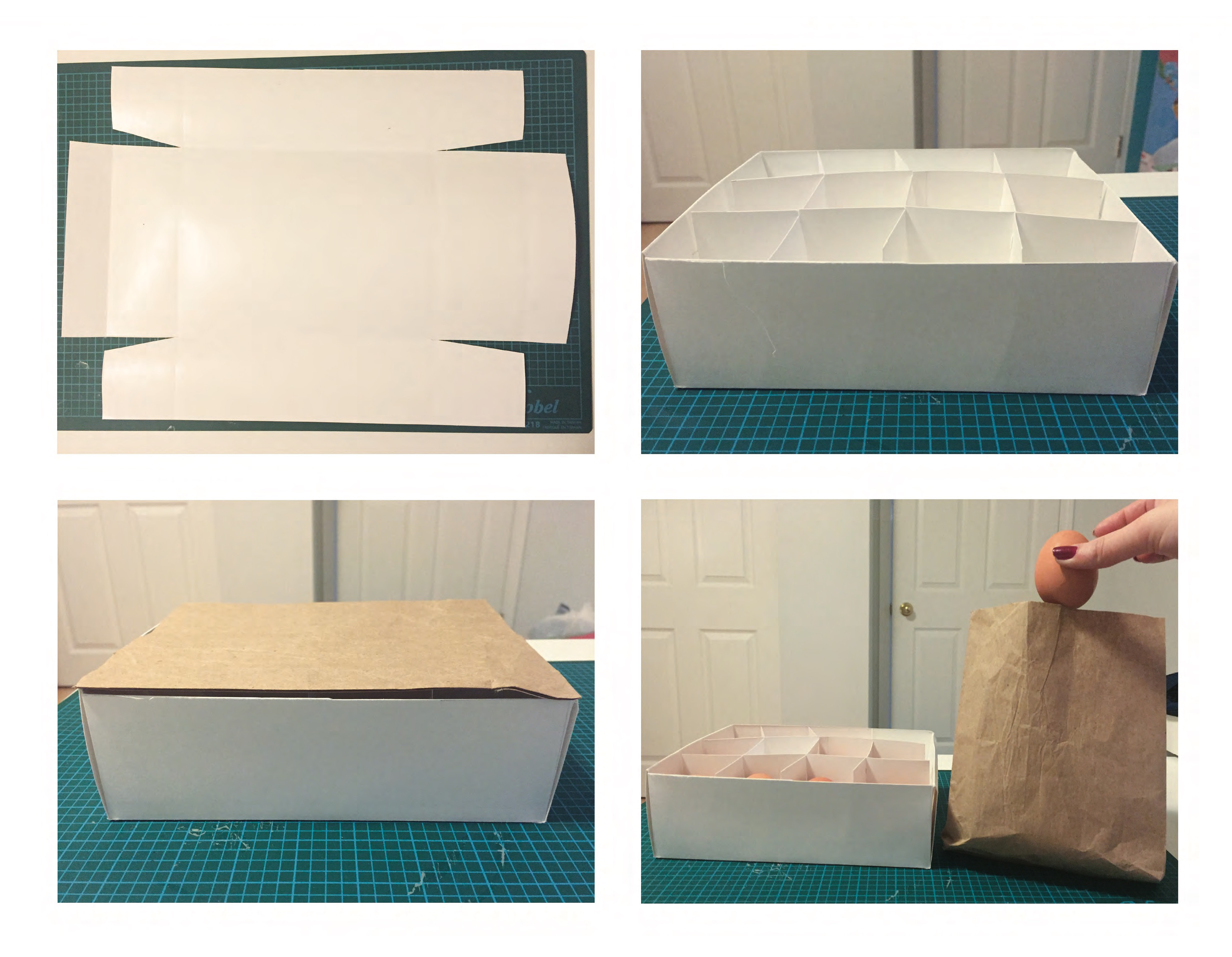 Prototype of an egg carton with a paper bag cover used for composting egg shells. 
