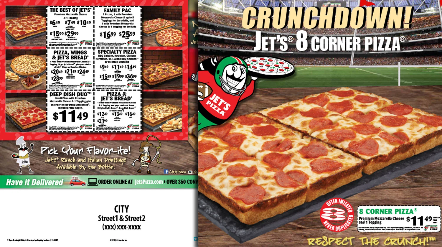 I was responsible of the free standing inserts, and any other coupon based print design. Many of my original headlines and tags were used in print. The best was rejected by Jet’s over the summer. “Turn down for crunch”
