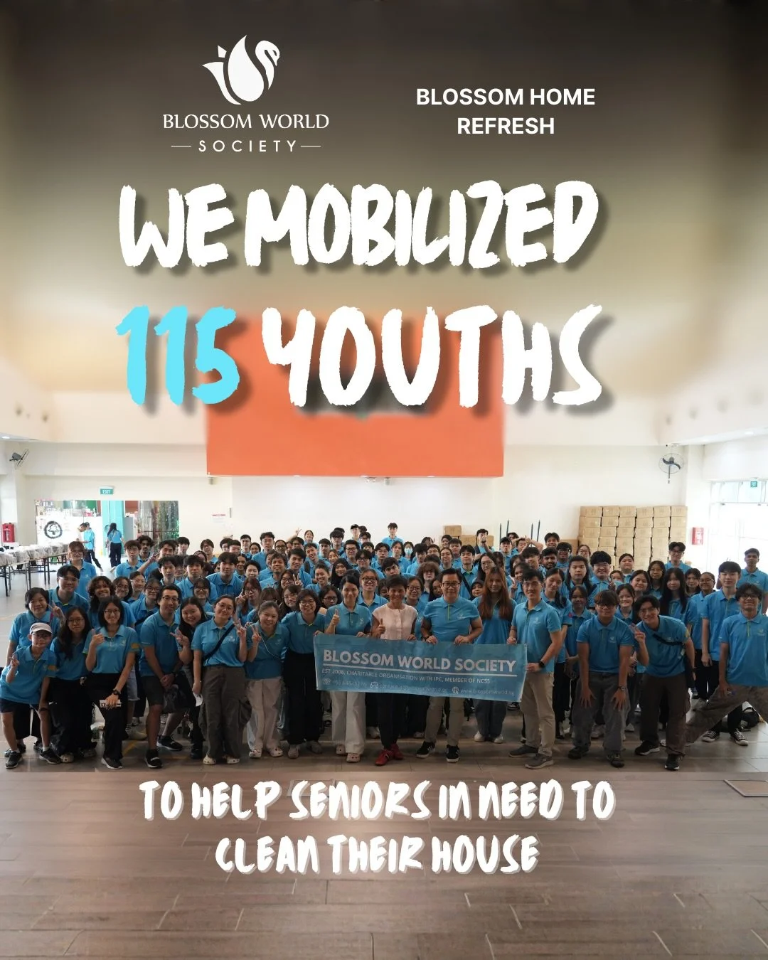 115 Youths. Countless smiles. One powerful mission. 💙

We were honored to have MP Ms Poh Li San join us as we kicked off the Blossom World Society x Blossom Home Refresh initiative! Her presence inspired all 115 passionate youth volunteers who dedic