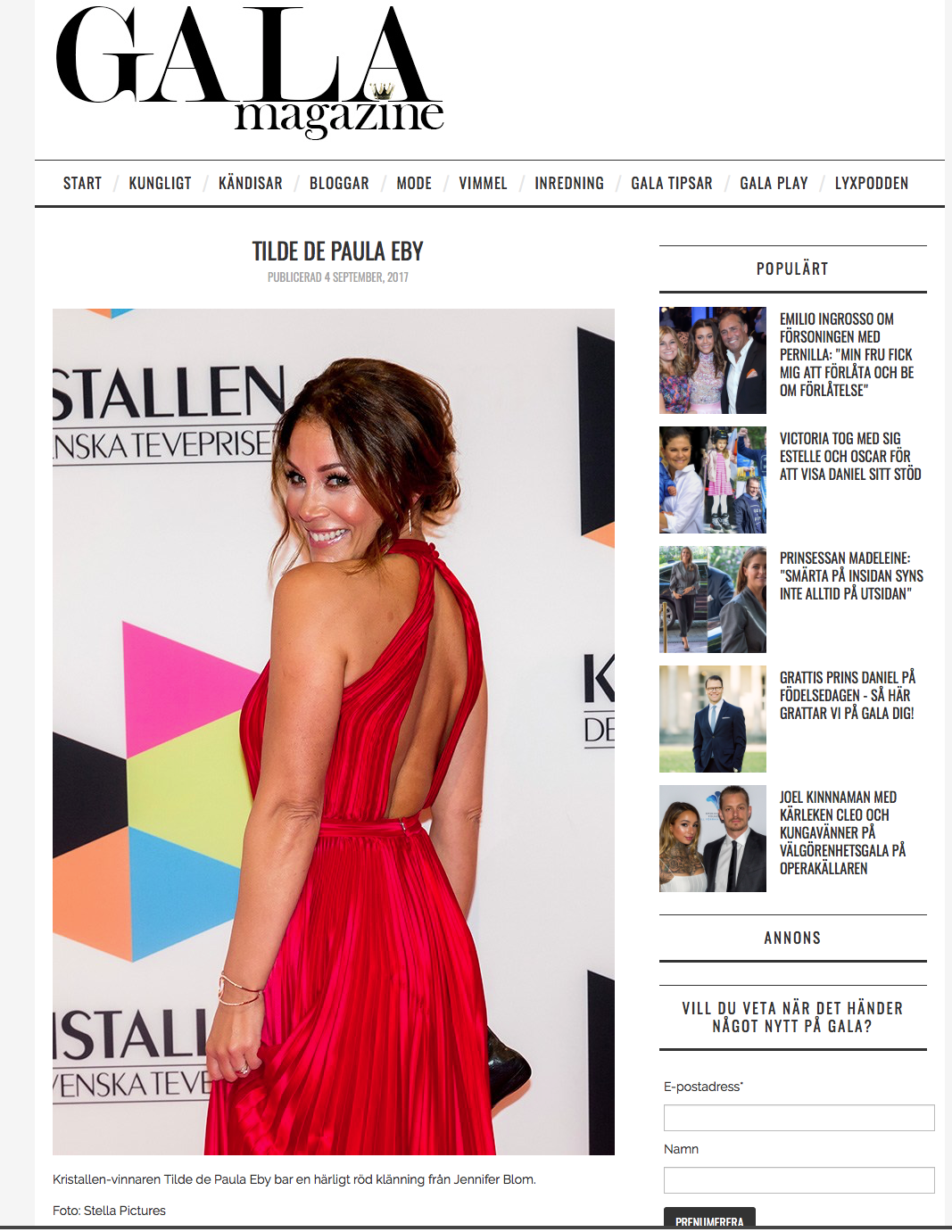 Gala magazine Tilde de Paula Kristallen 2017