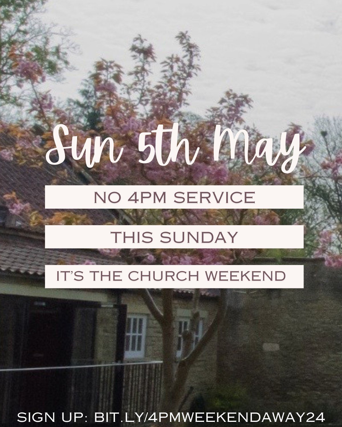 There's no Church in a Building this Sunday (5th May) as we're going away for the Church Weekend. We're back next week at 4pm.

It's not too late to join us for the day on Saturday or Sunday. Sign-up here: bit.ly/4pmWeekendAway24