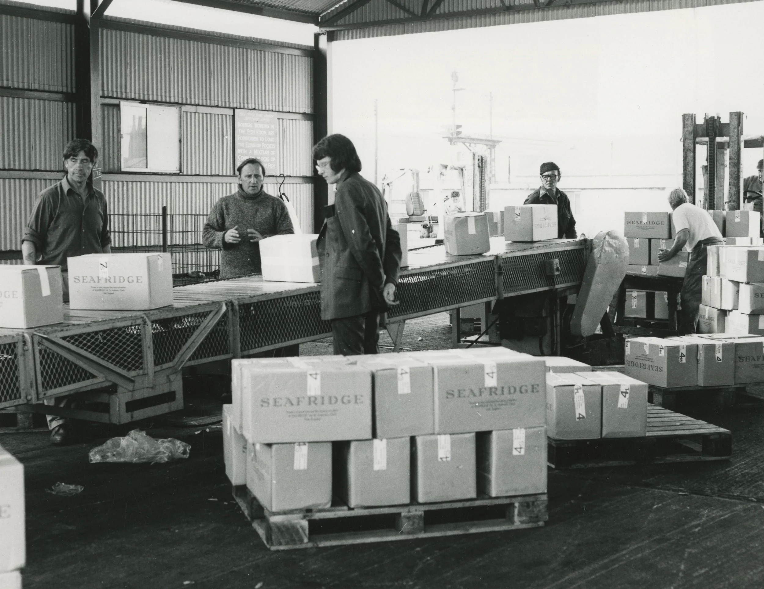 Pre-packed frozen fish fillets landing from the new freezer factory vessel 'Seafridge Osprey' on completion of her maiden voyage. St. Andrew's Dock, Hull. 13th August, 1972. Photographer - Herbert Ballard Commissioned by ABP.