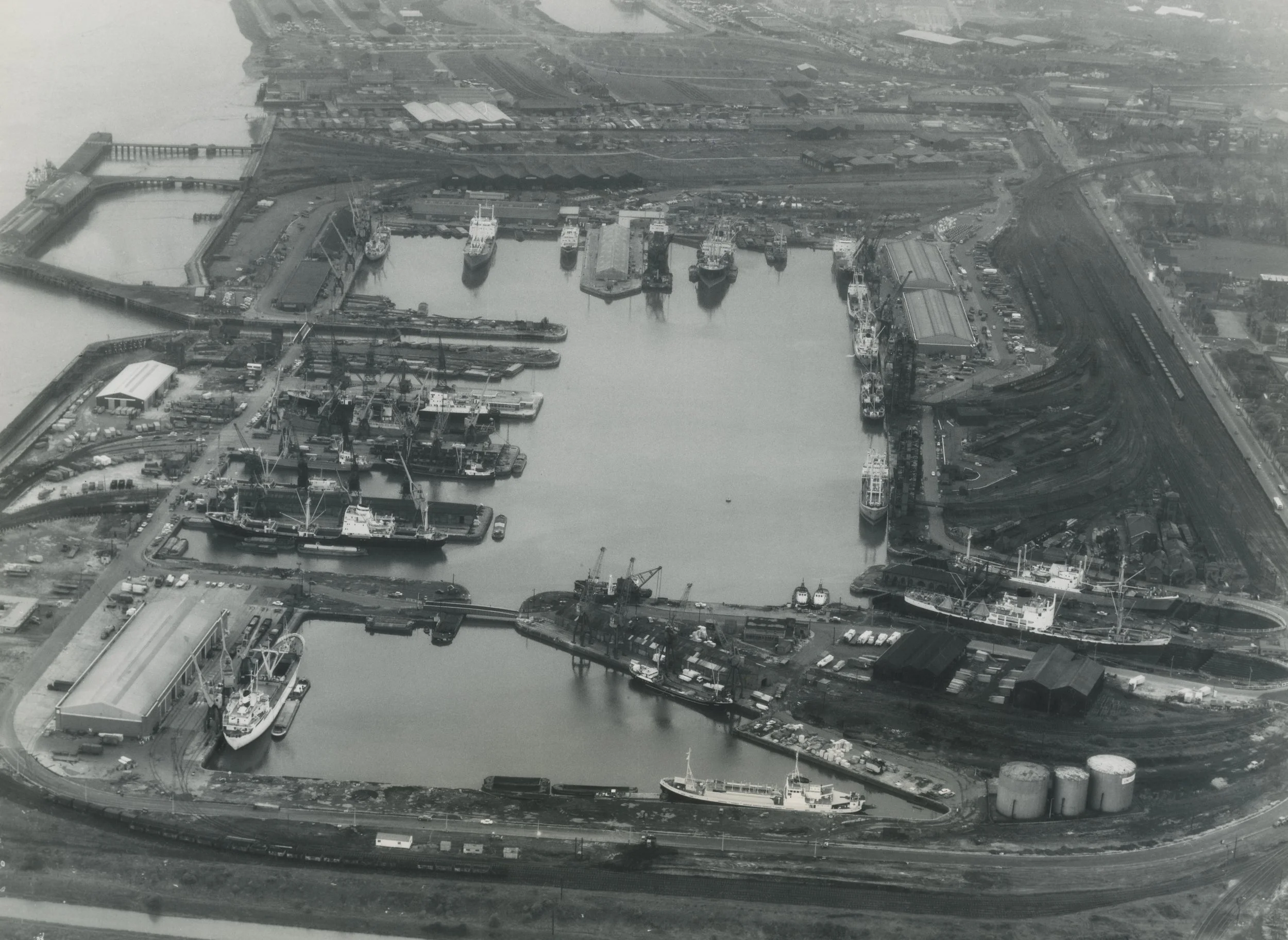 Aerial view of Alexandra Dock, Hull. June, 1968. Photographer - Donald I. Innes Commissioned by ABP.