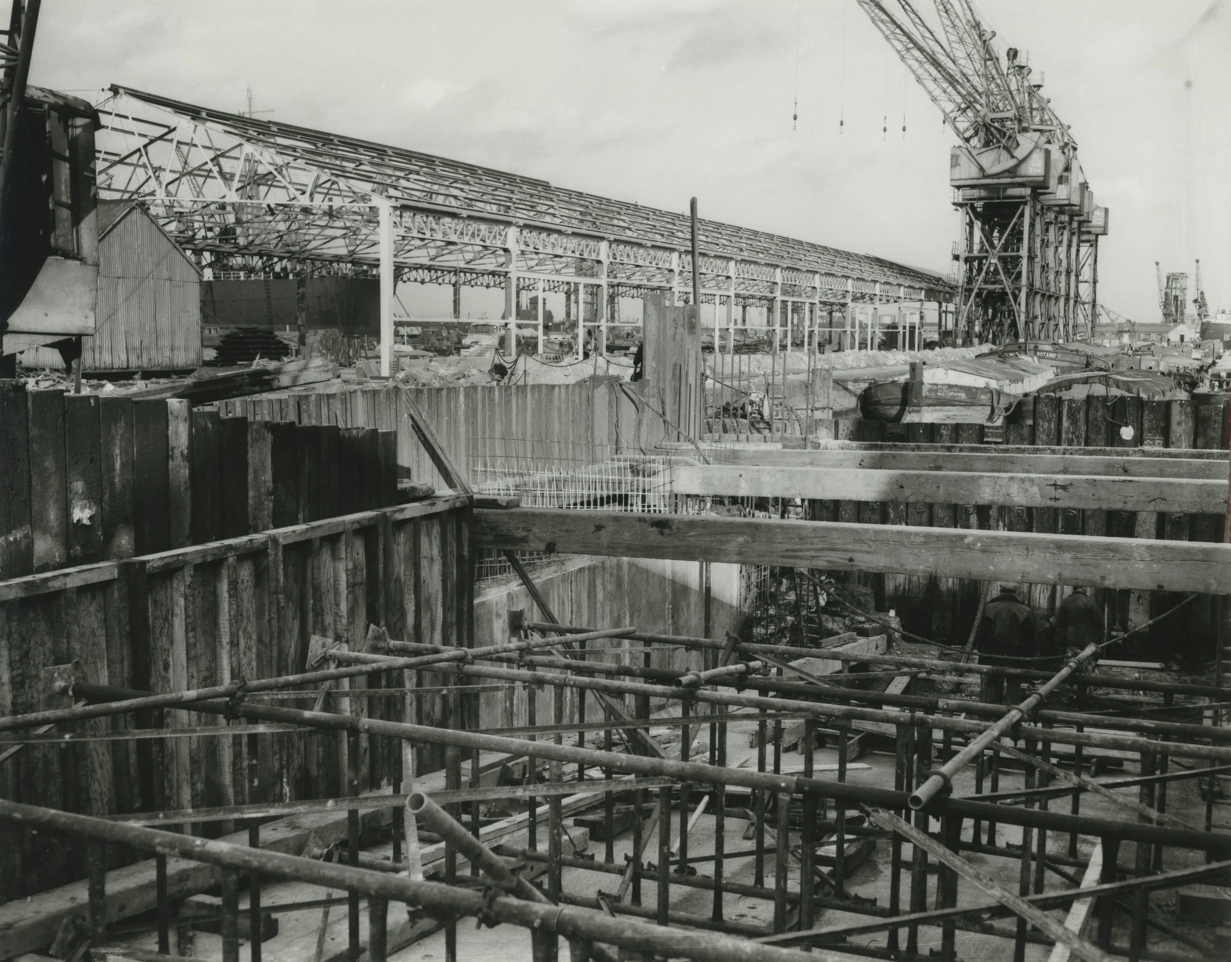 Working progress on new stern loading berths (Hamburg/Bremen and Amsterdam Services) at 23 Quay. Alexandra Dock, Hull. March, 1967. Photographer - Donald I. Innes Commissioned by ABP.