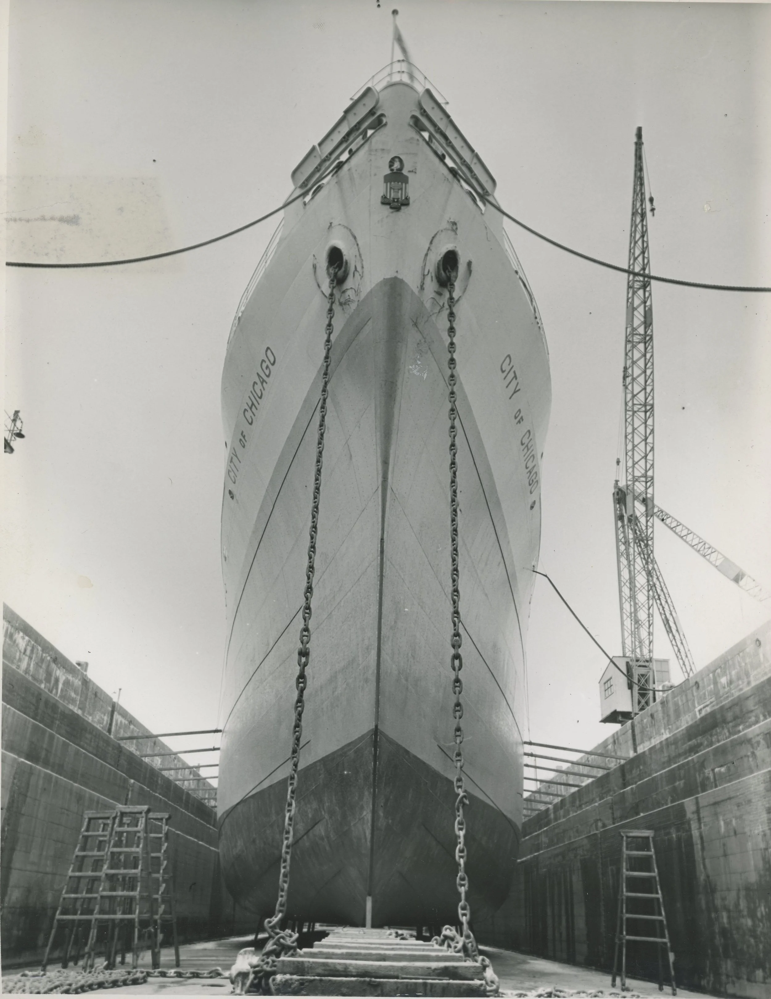 ‘City of Chicago’ Vessel in no. 2 graving dock. King George Dock, Hull. 1954. Photographer - Unknown Commissioned by ABP.