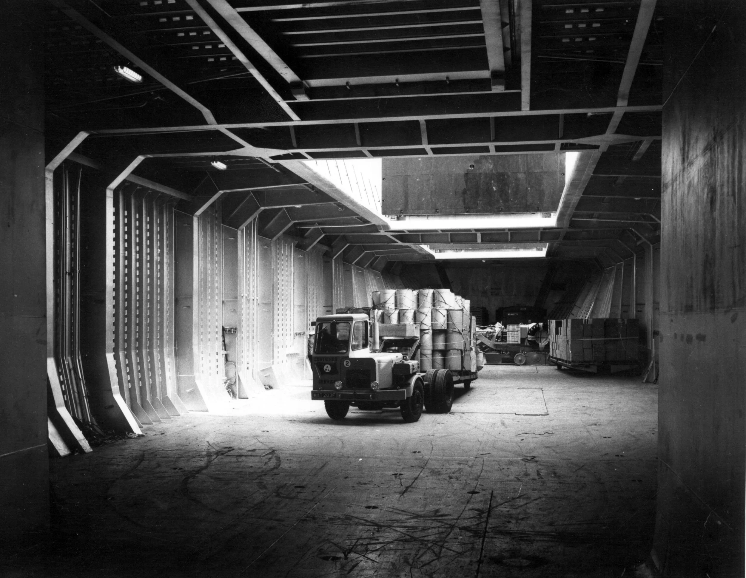 Grain silo floor showing hoppers of the bins. King George Dock, Hull. February, 1953. Photographer - unknown Commissioned by ABP.