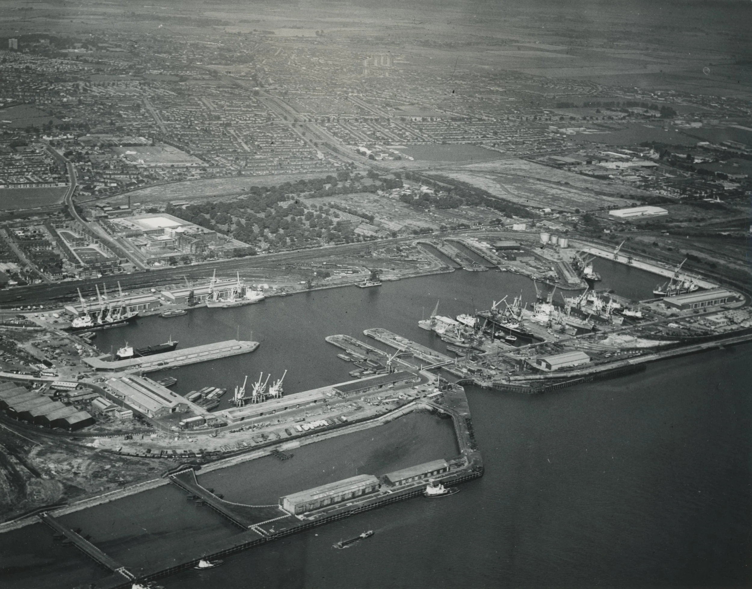 Aerial view of Alexandra Dock, Hull. August, 1969. Photographer - Donald I. Innes Commissioned by ABP.