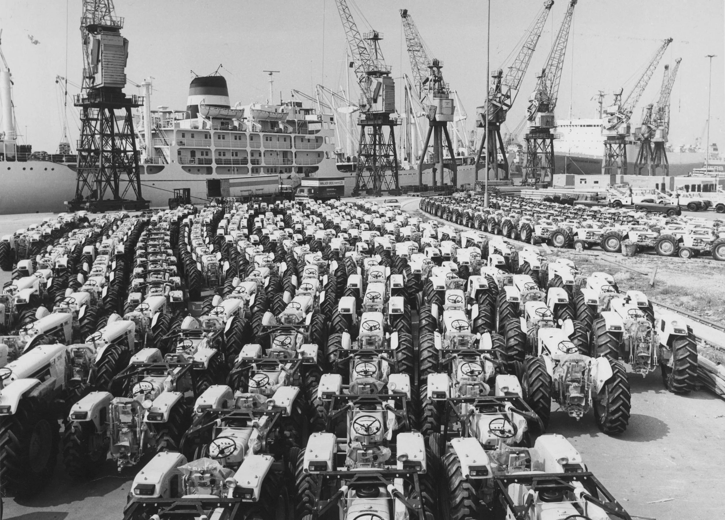 Tractors awaiting shipment to U.S.A. Queen Elizabeth Dock, Hull. May, 1978. Photographer - unknown Commissioned by ABP.