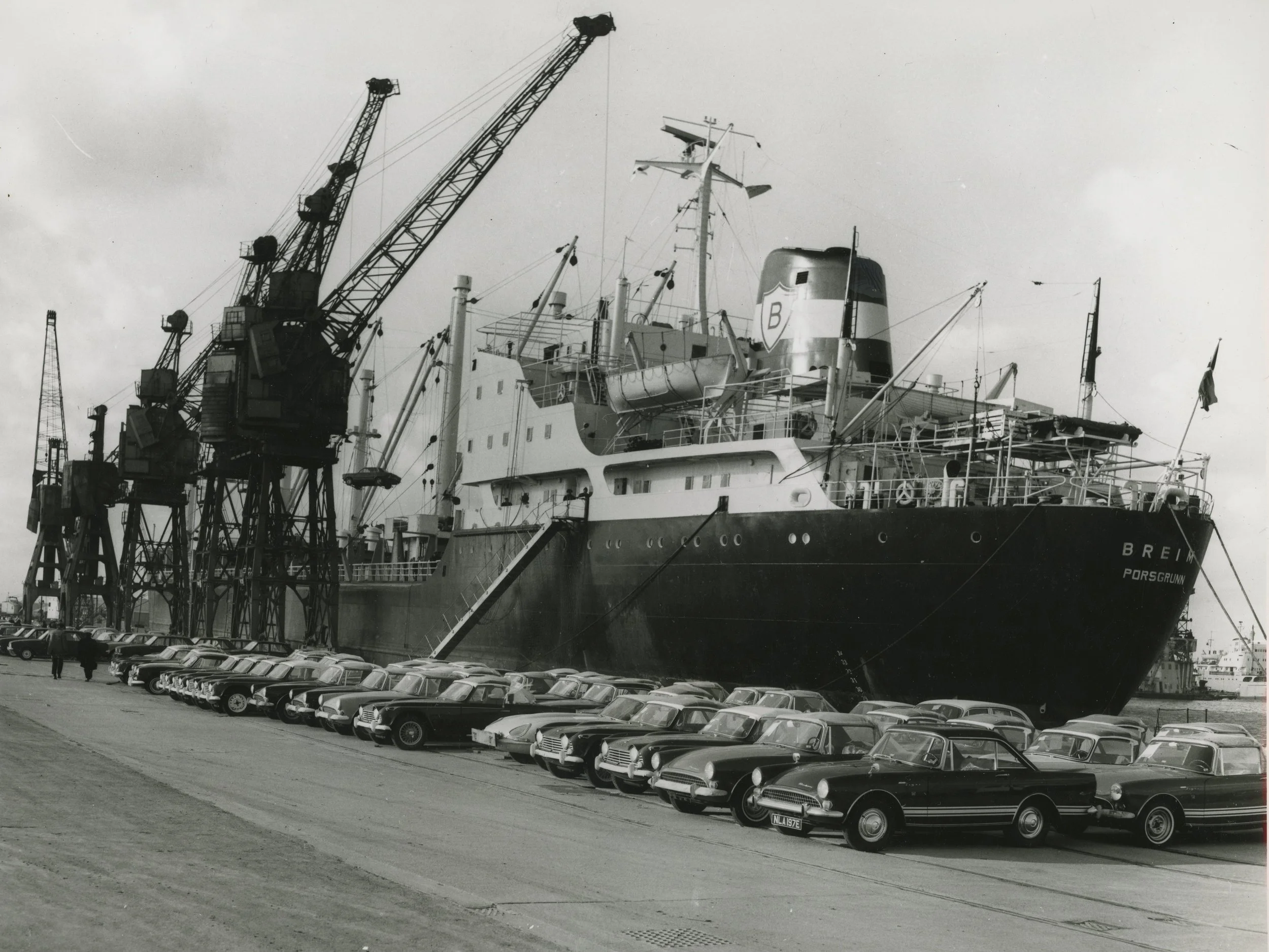 644 new cars to be shipped on the M.V. 'Breim' at No. 8 Quay, King George Dock - the largest shipment of vehicles so far dealt with at Hull. 23rd February, 1967. Photographer – Donald I. Innes Commissioned by ABP.