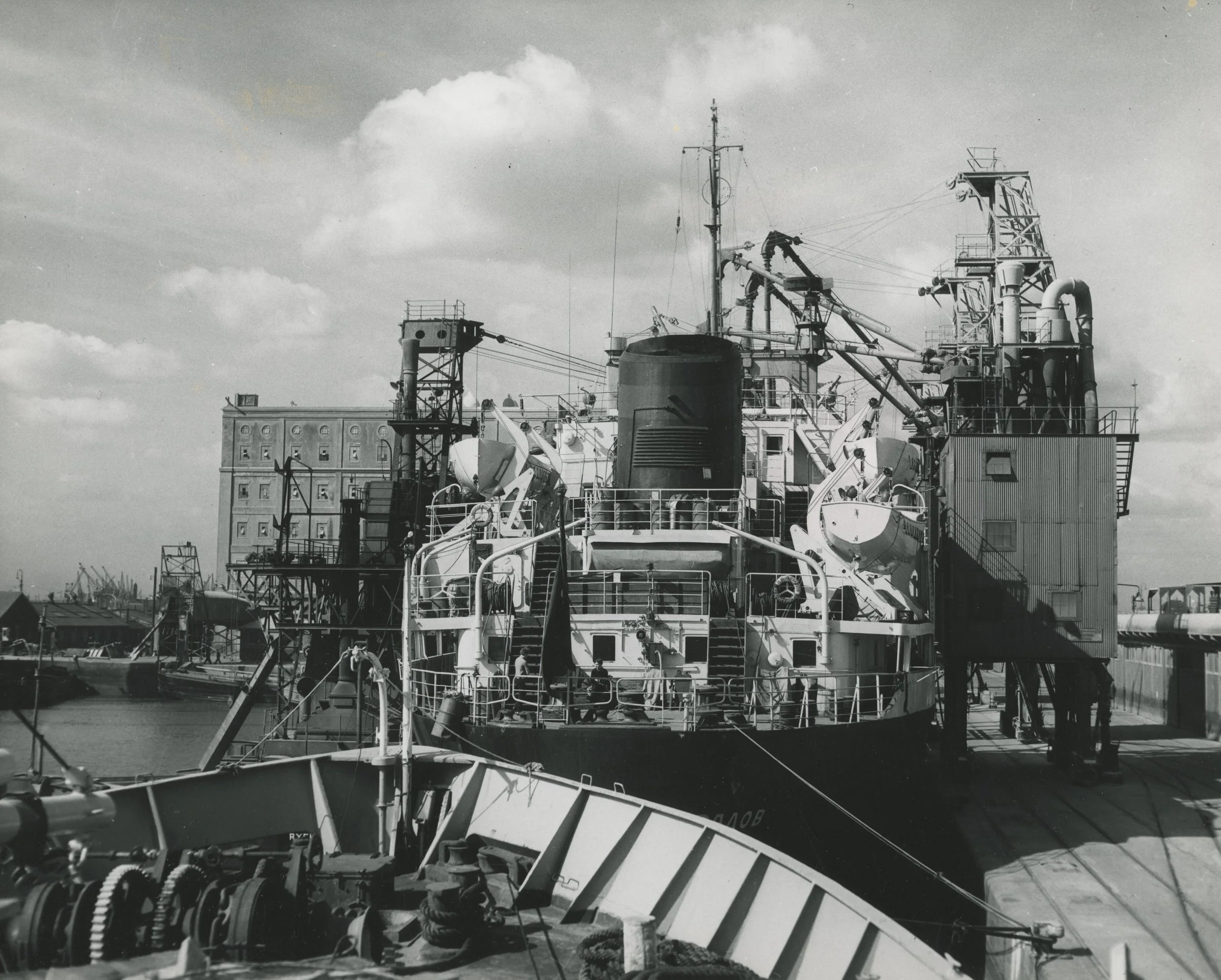 Grain discharged using suction elevators at No. 1 Quay. King George Dock, Hull. 27th March, 1961. Photographer - Donald I. Innes Commissioned by ABP.
