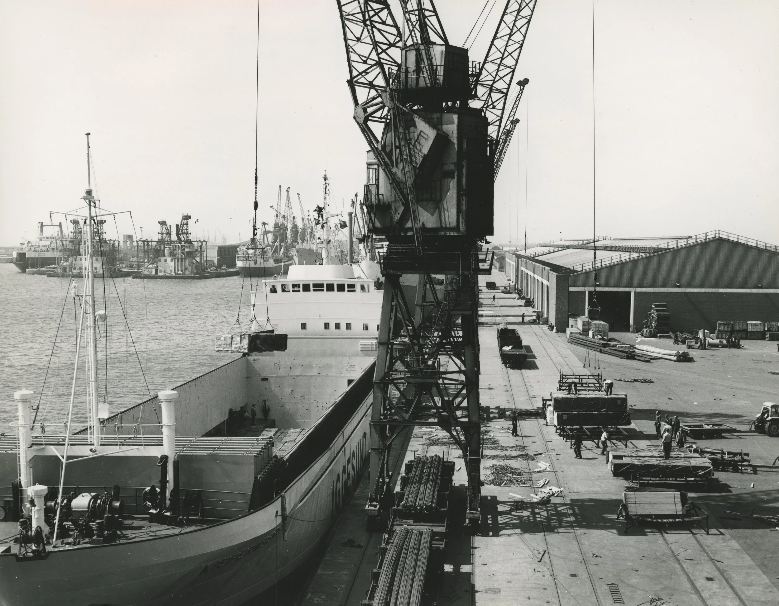M.V. 'Kiefernberg' inaugurating new service for Montague L. Mayer Timber terminal. Sweden - Hull. King George Dock, Hull. May, 1970. Photographer - Donald I. Innes Commissioned by ABP.