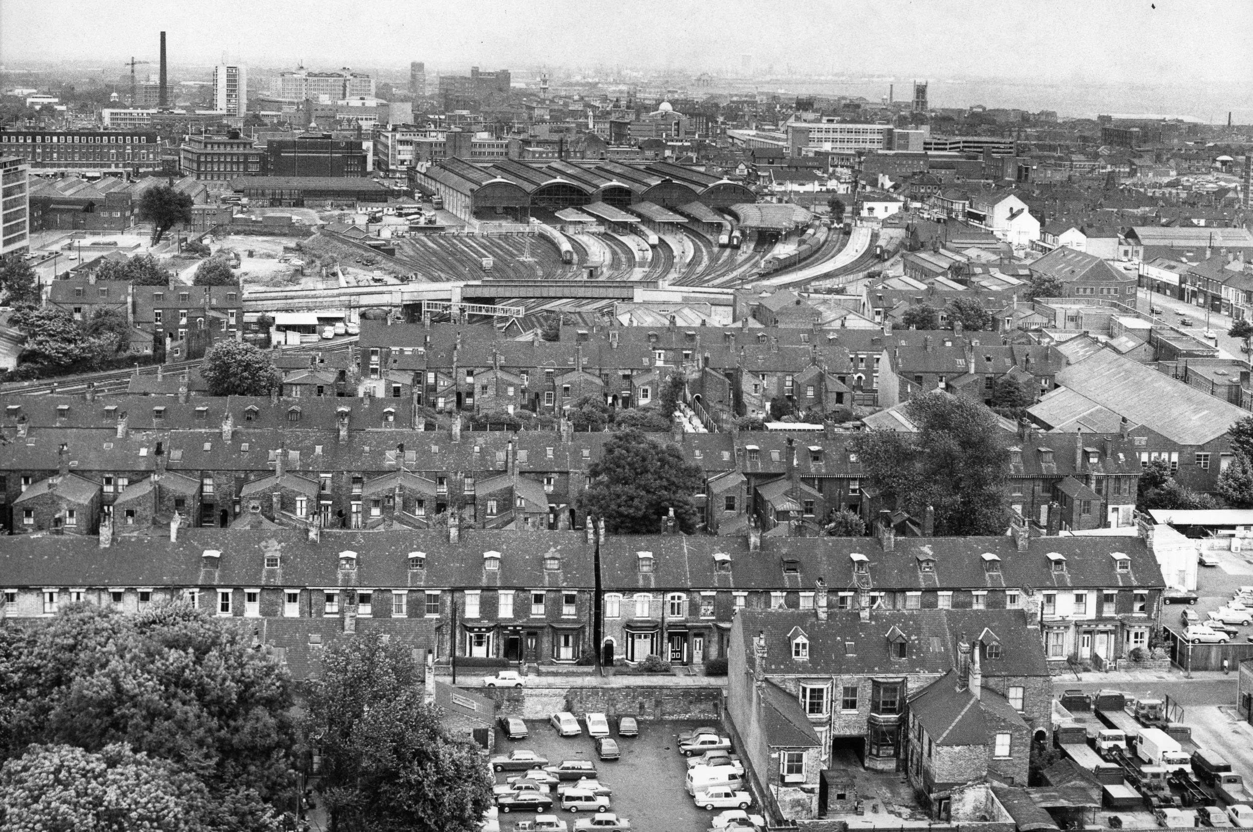 Aerial view from top of Hull Royal Infirmary towards Anlaby Road and Paragon Station and Bus Station, Nov 1971. Commissioned by Hull Daily Mail.