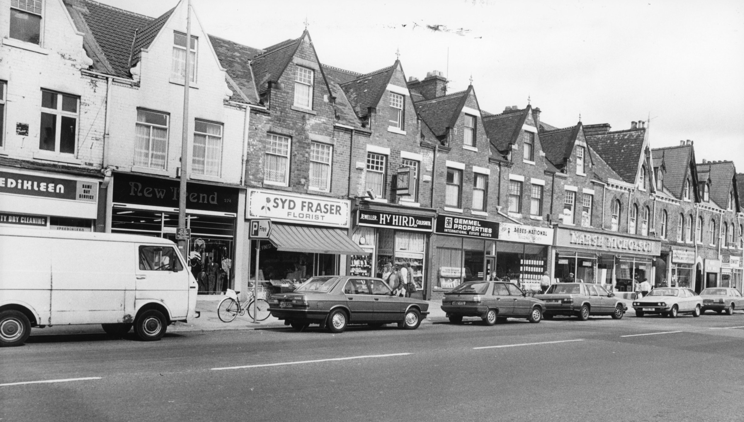 Shops on Hessle Road, including Hird's and Marsh Nicholson 15-09-1986. Commissioned by Hull Daily Mail.