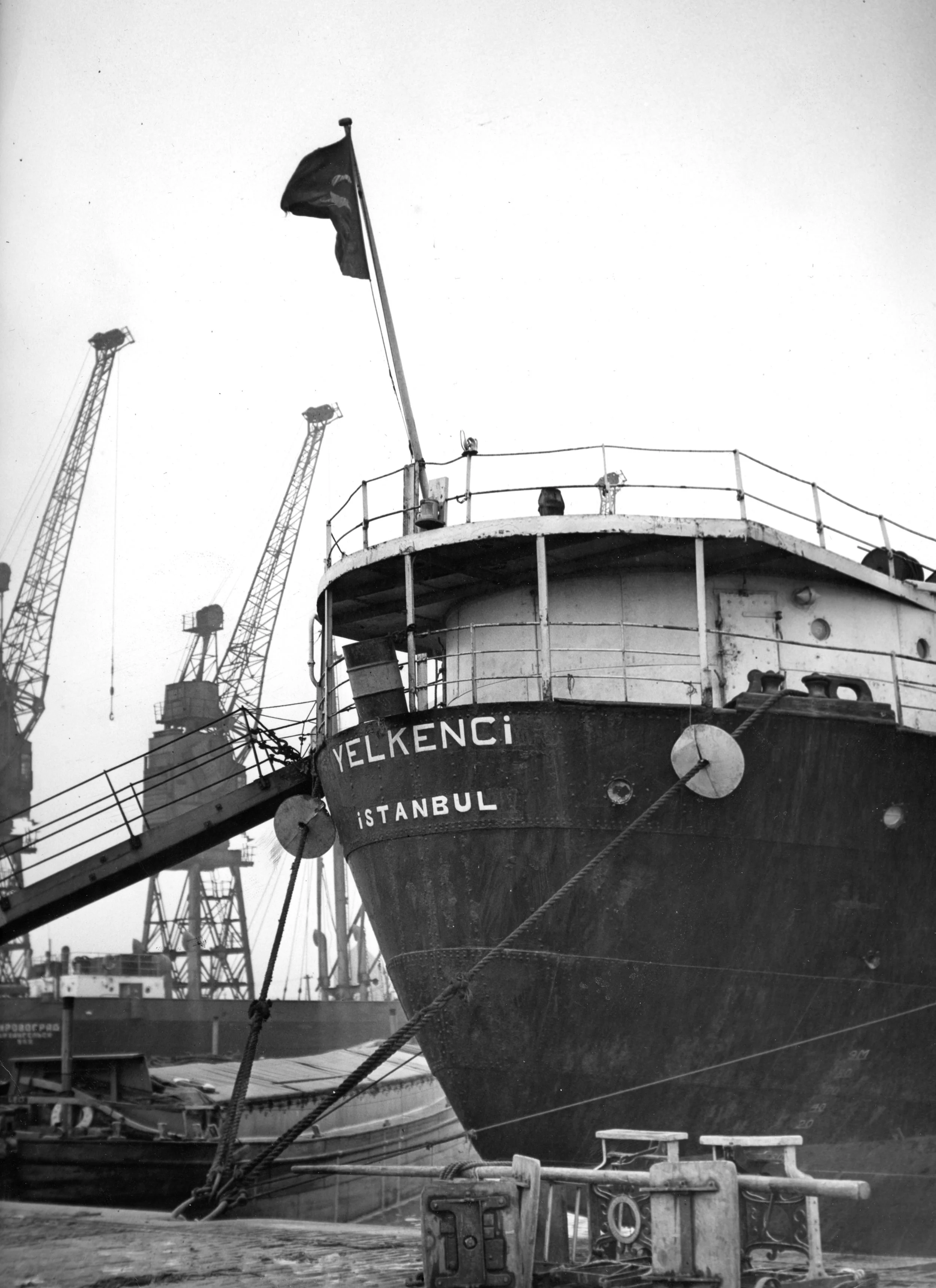 The Turkish vessel YELKENCI pictured at Alexandra dock. Dockers stopped loading the ship (am, Sat) when a dispute arose over the use of baskets for bulk cotton seed, 1960’s. Commissioned by Hull Daily Mail.